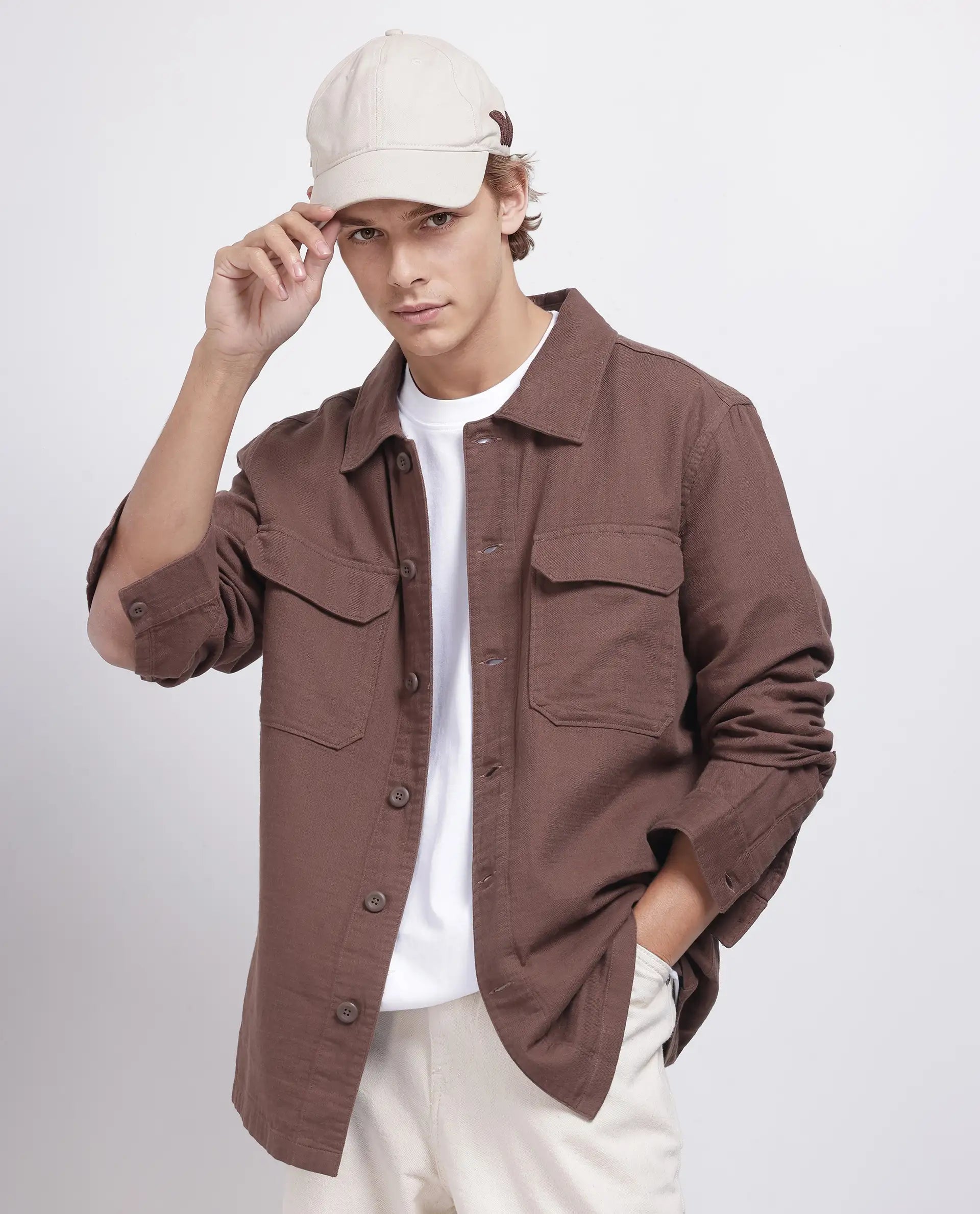 Rare Rabbit Men's Prest-25 Dusky Brown Cotton Fabric Full Sleeve Spread Collar Plain Shacket