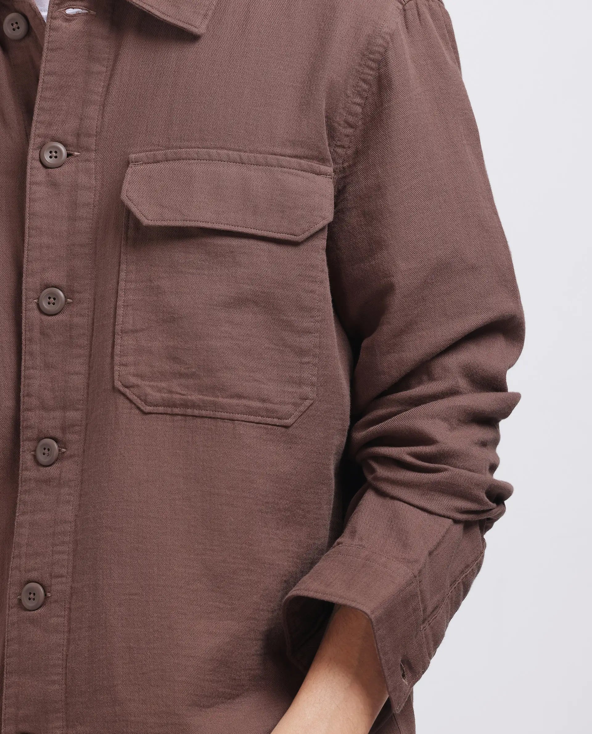 Rare Rabbit Men's Prest-25 Dusky Brown Cotton Fabric Full Sleeve Spread Collar Plain Shacket