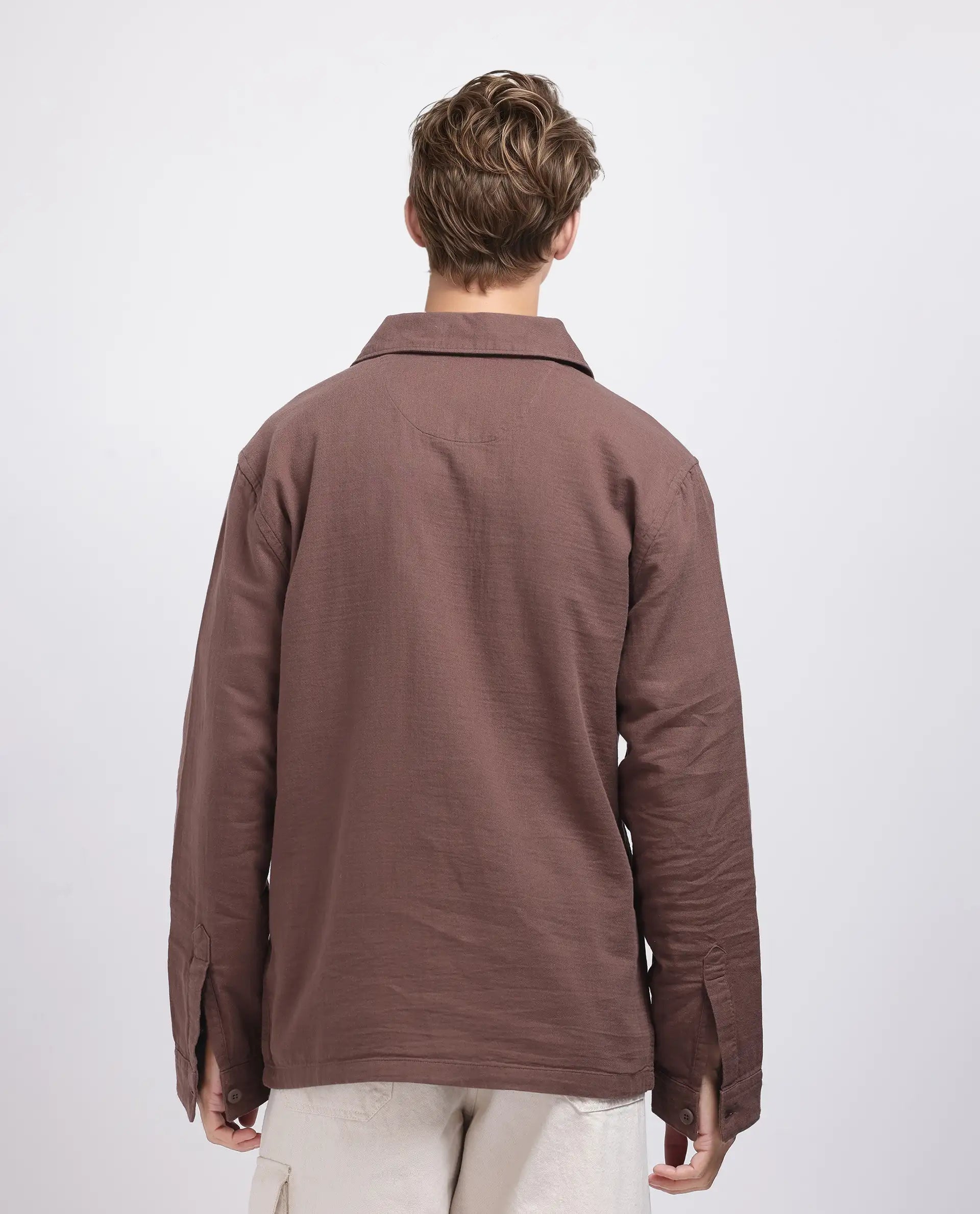 Rare Rabbit Men's Prest-25 Dusky Brown Cotton Fabric Full Sleeve Spread Collar Plain Shacket