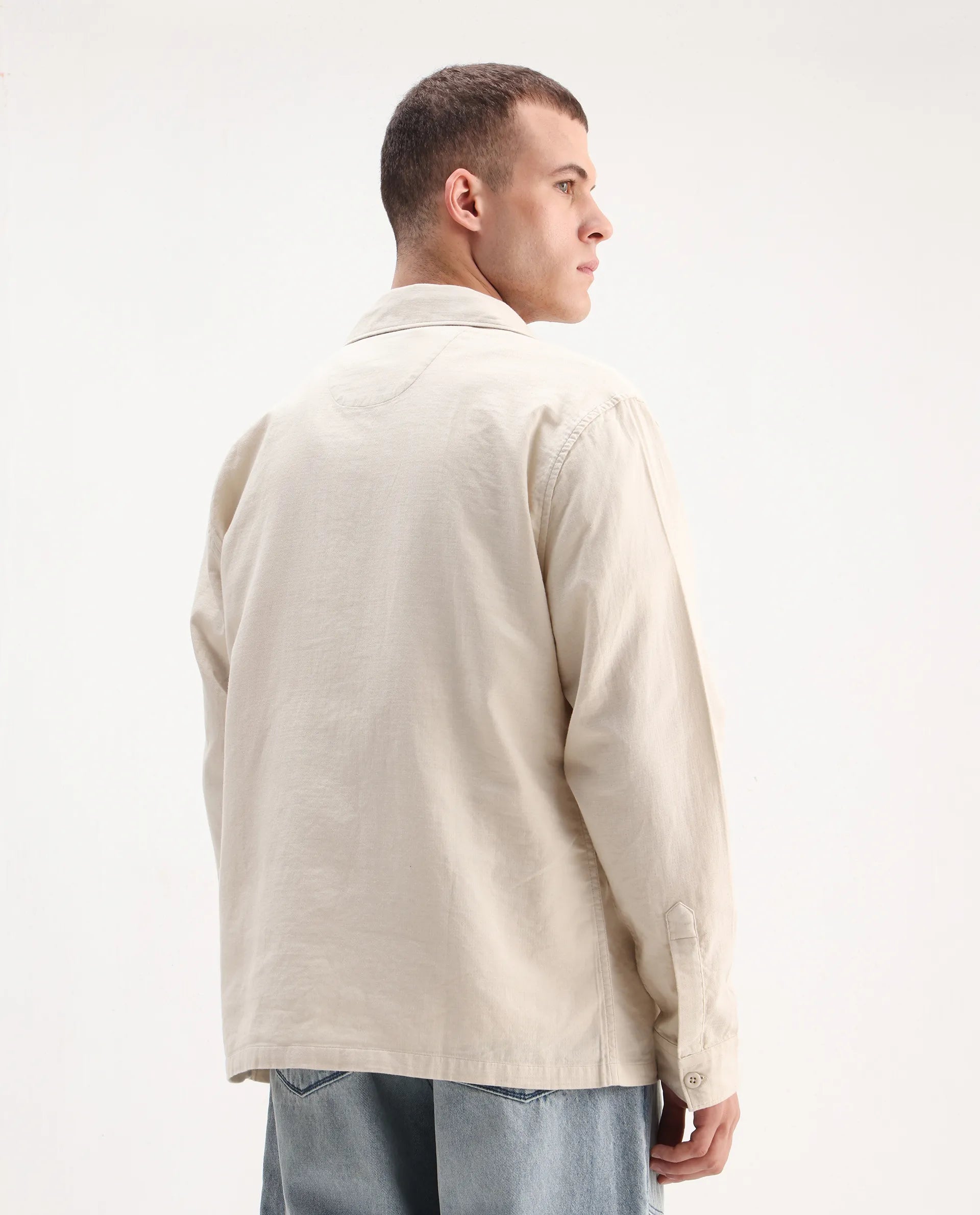 Rare Rabbit Men's Prest-26 Off White Cotton Plain Regular Fit Full Sleeve Collared Shaket