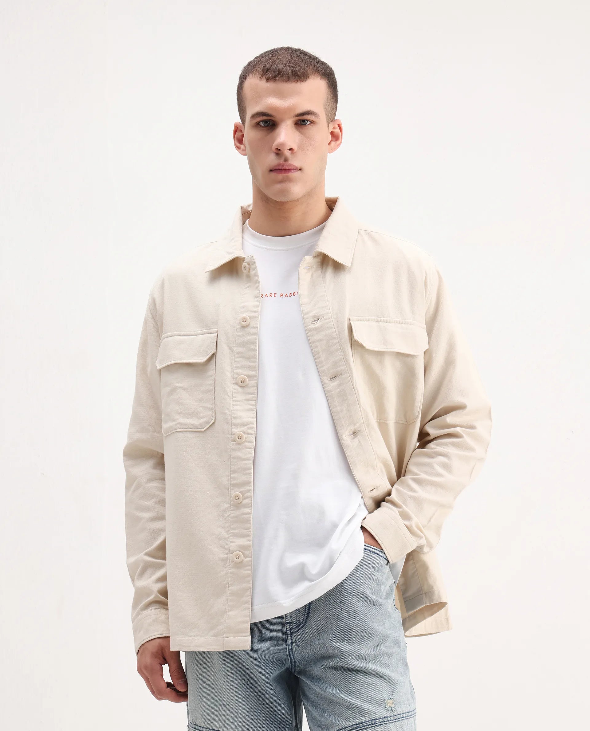 Rare Rabbit Men's Prest-26 Off White Cotton Plain Regular Fit Full Sleeve Collared Shaket