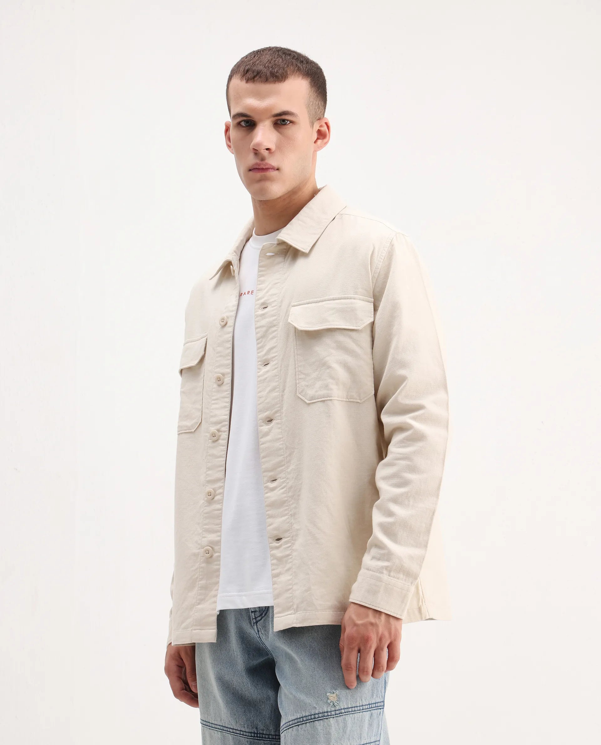 Rare Rabbit Men's Prest-26 Off White Cotton Plain Regular Fit Full Sleeve Collared Shaket