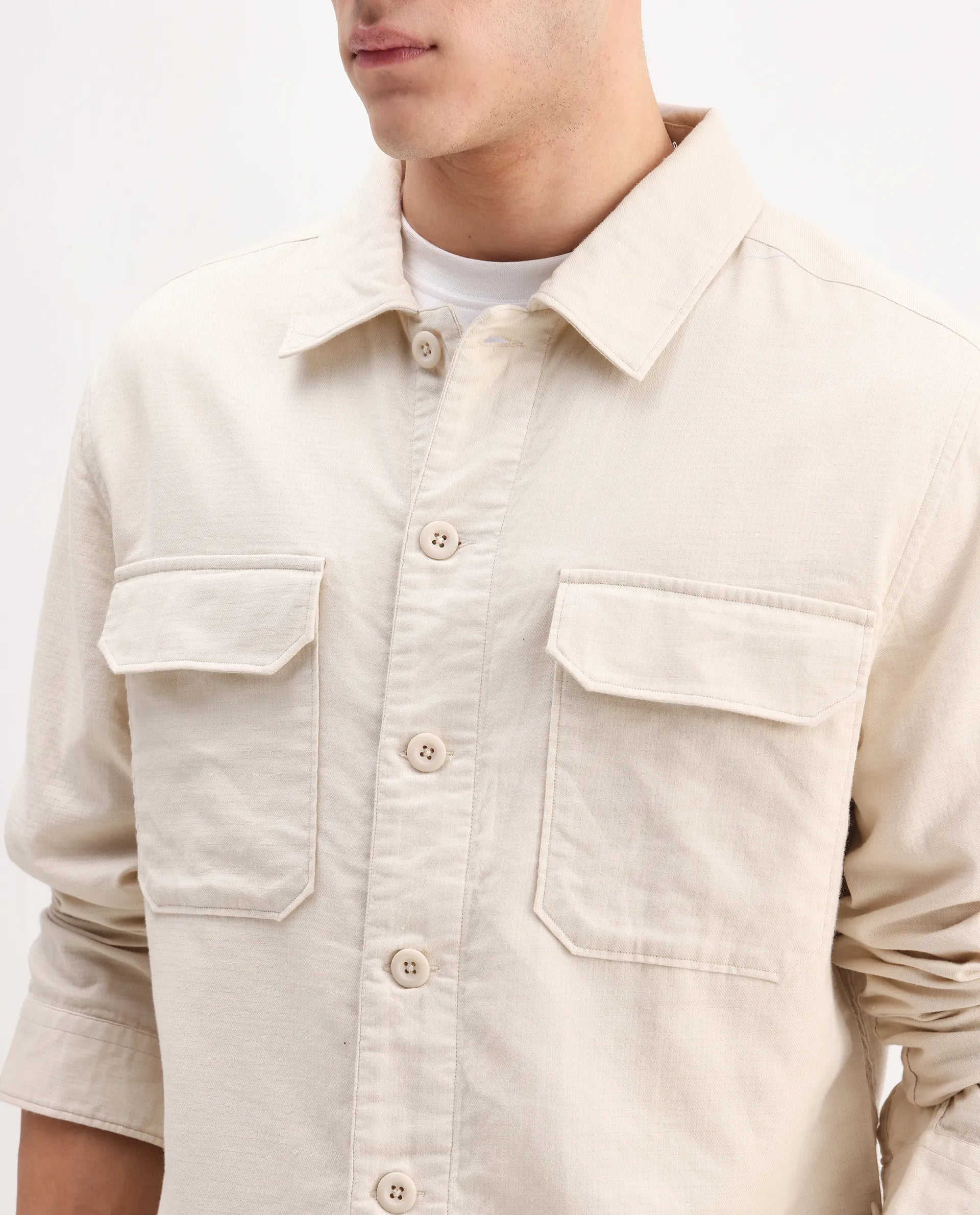 Rare Rabbit Men's Prest-26 Off White Cotton Plain Regular Fit Full Sleeve Collared Shaket