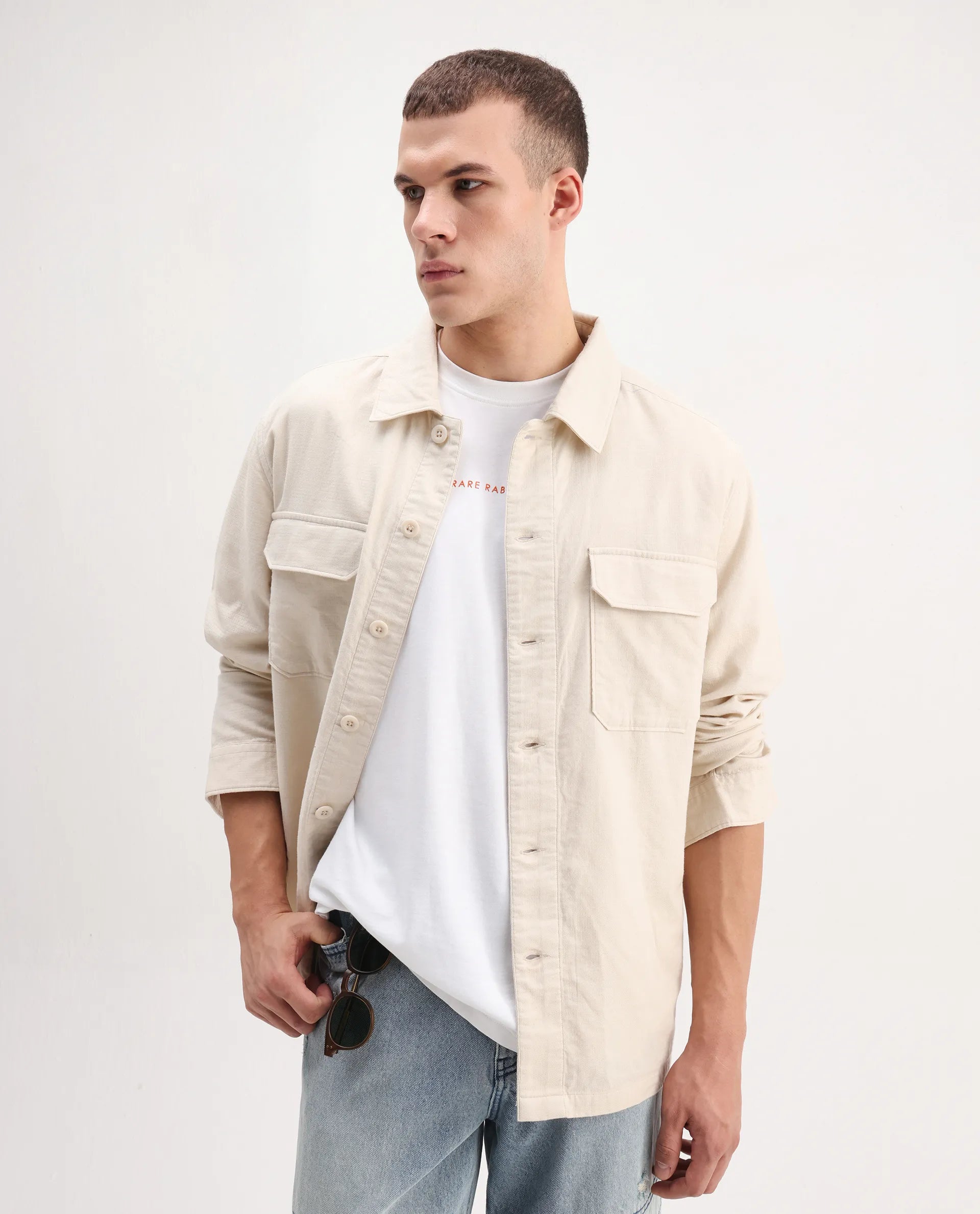 Rare Rabbit Men's Prest-26 Off White Cotton Plain Regular Fit Full Sleeve Collared Shaket