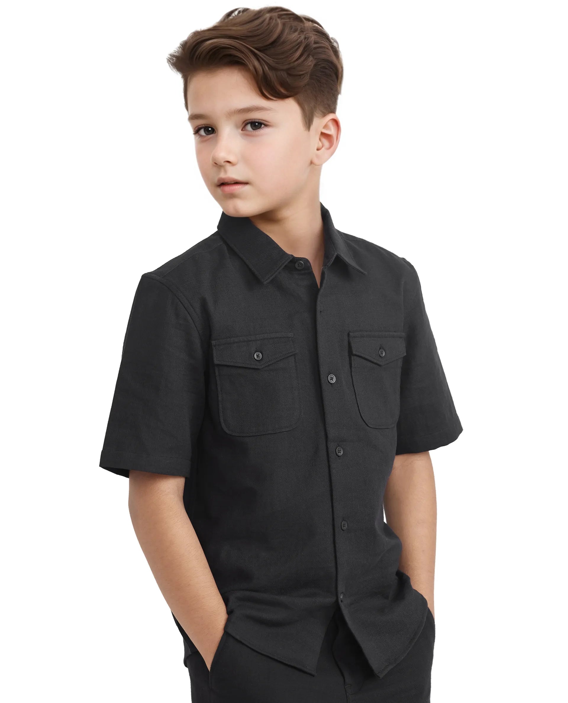 Rare Ones Kids Prest-K Black Cotton Short Sleeve Plain Regular Shirt