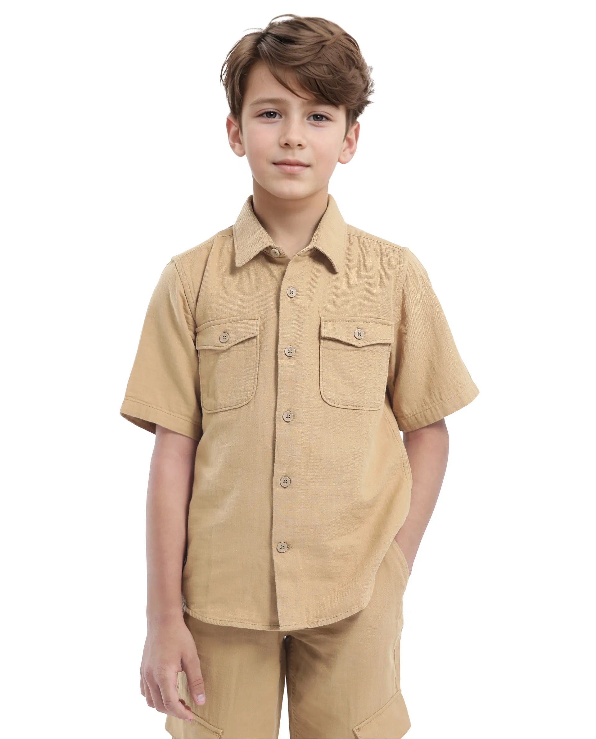 Rare Ones Kids Prest-K Tan Cotton Short Sleeve Button Closure Solid Regular Fit Shirt