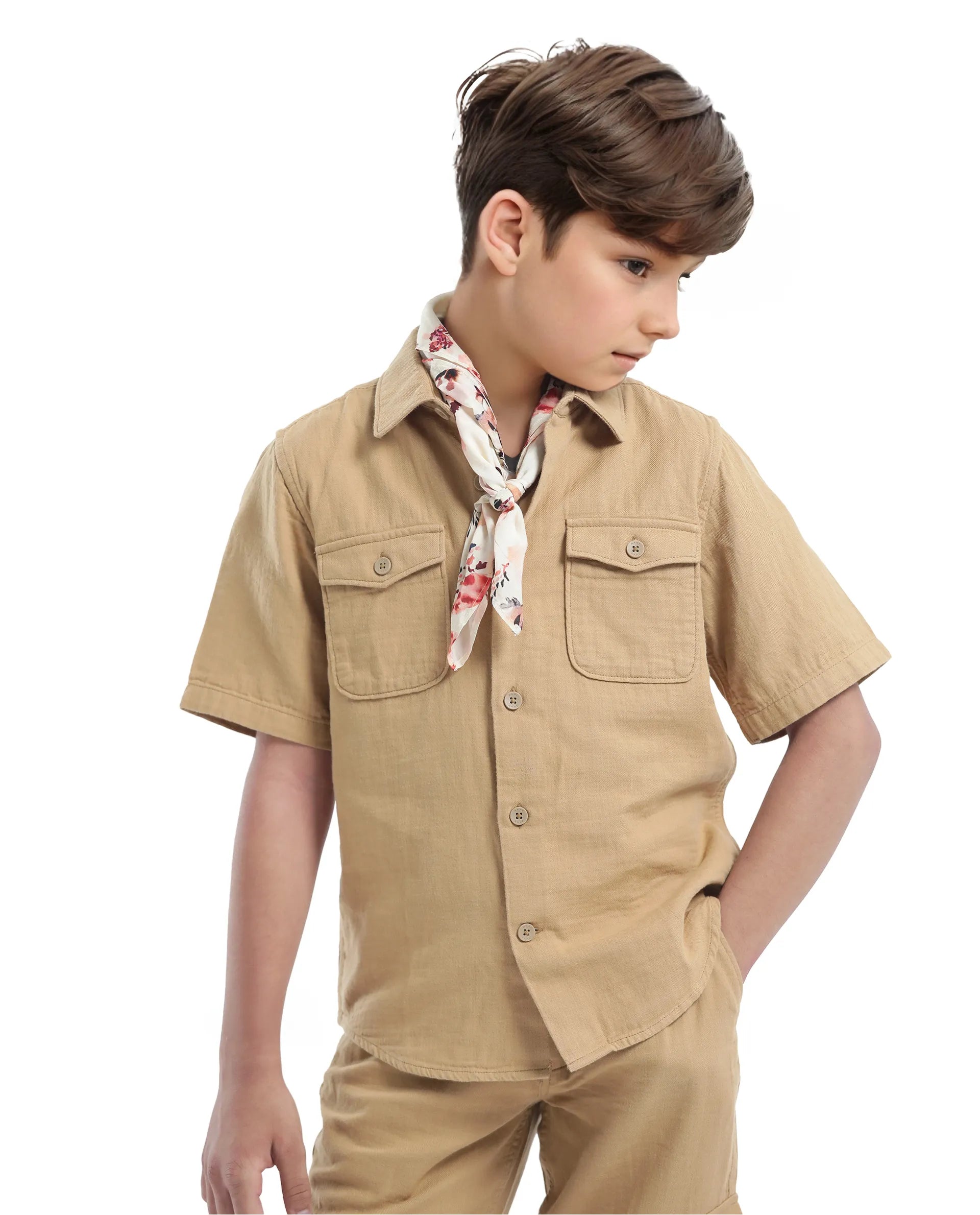 Rare Ones Kids Prest-K Tan Cotton Short Sleeve Button Closure Solid Regular Fit Shirt