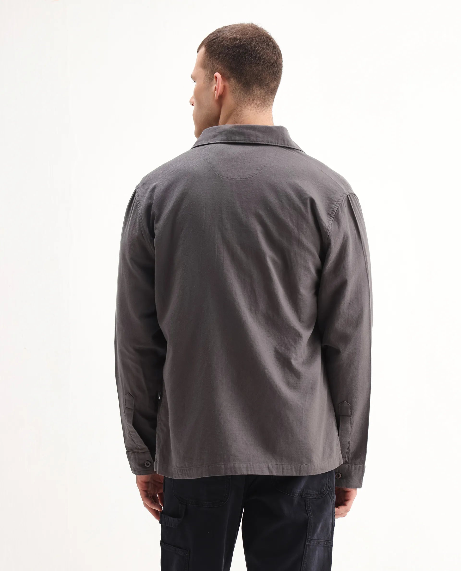 Rare Rabbit Men's Prest-26 Grey Cotton Plain Regular Fit Full Sleeve Collared Shaket