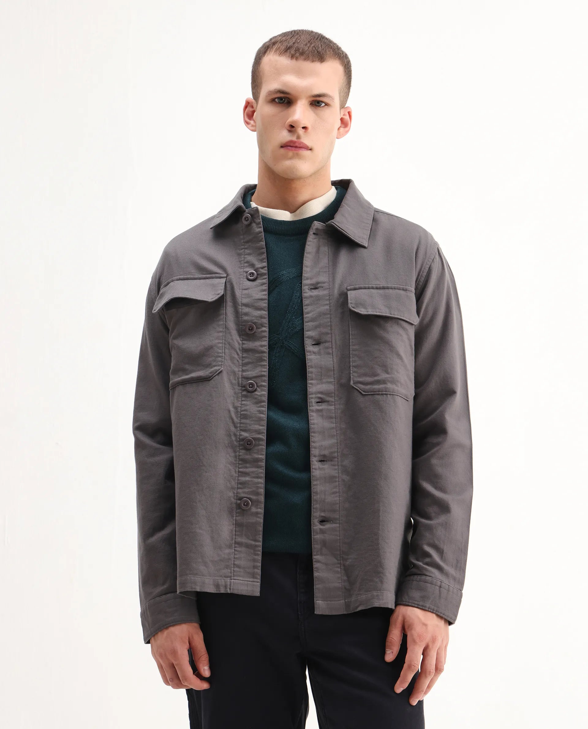 Rare Rabbit Men's Prest-26 Grey Cotton Plain Regular Fit Full Sleeve Collared Shaket