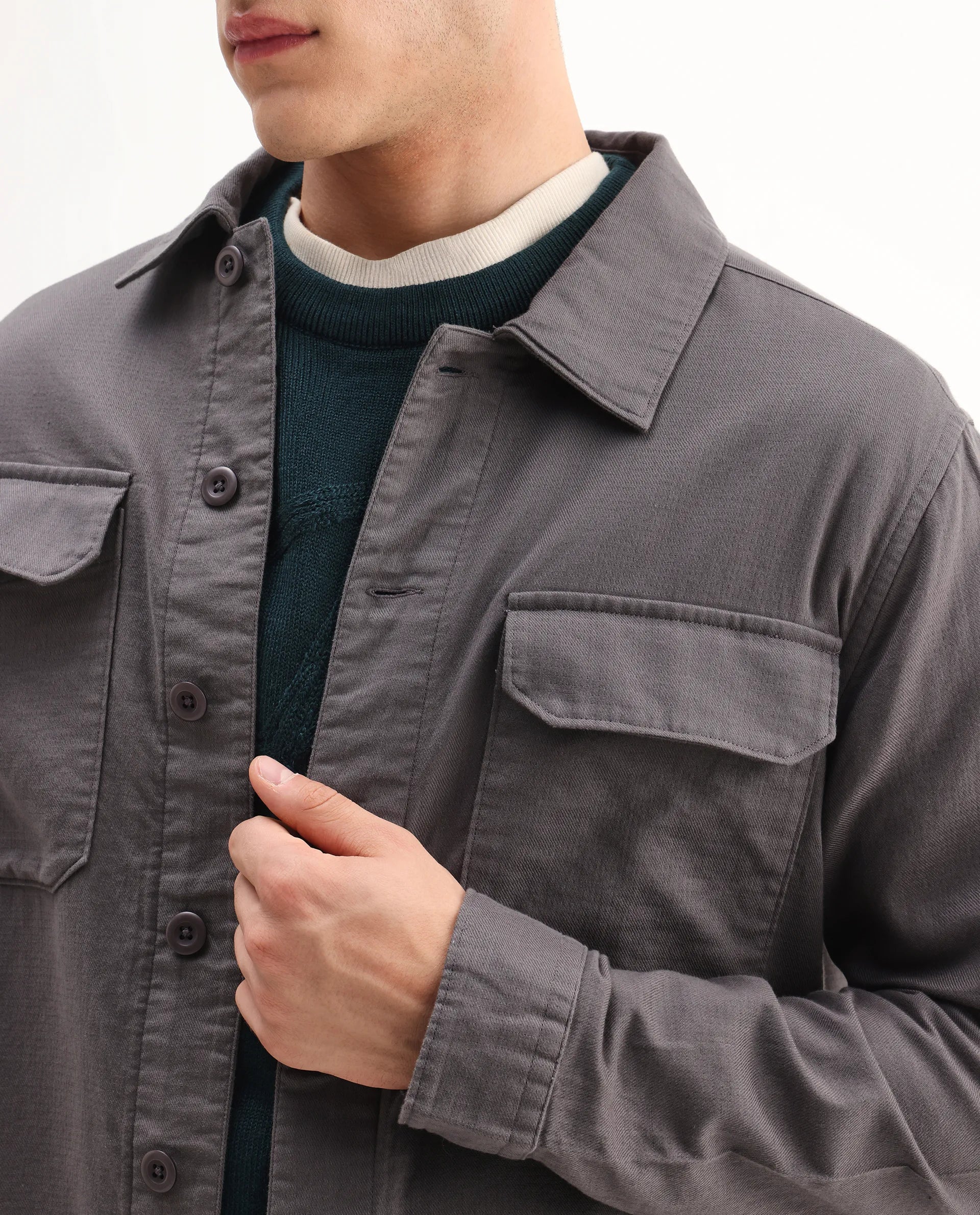 Rare Rabbit Men's Prest-26 Grey Cotton Plain Regular Fit Full Sleeve Collared Shaket
