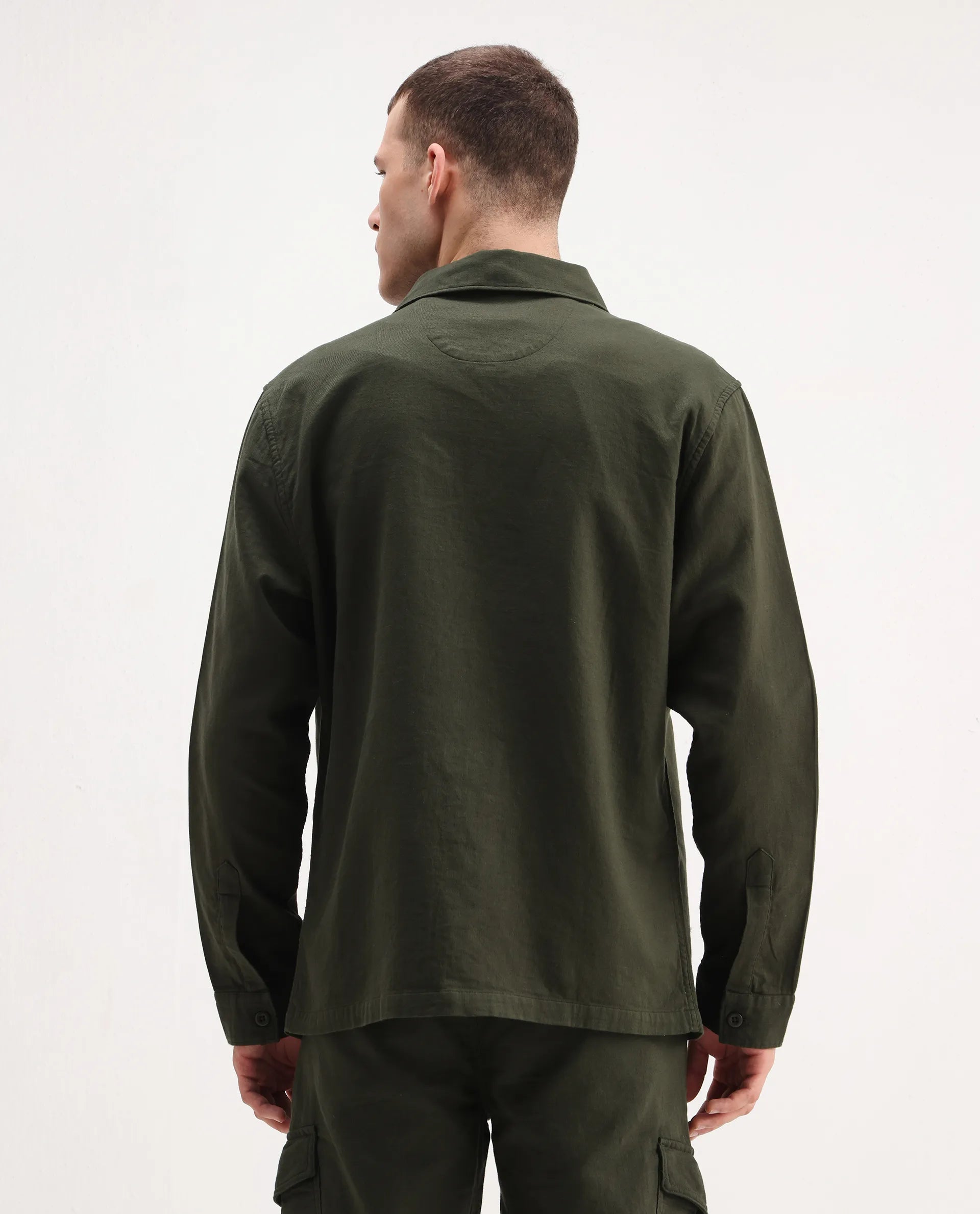Rare Rabbit Men's Prest-26 Olive Cotton Plain Regular Fit Full Sleeve Collared Shaket