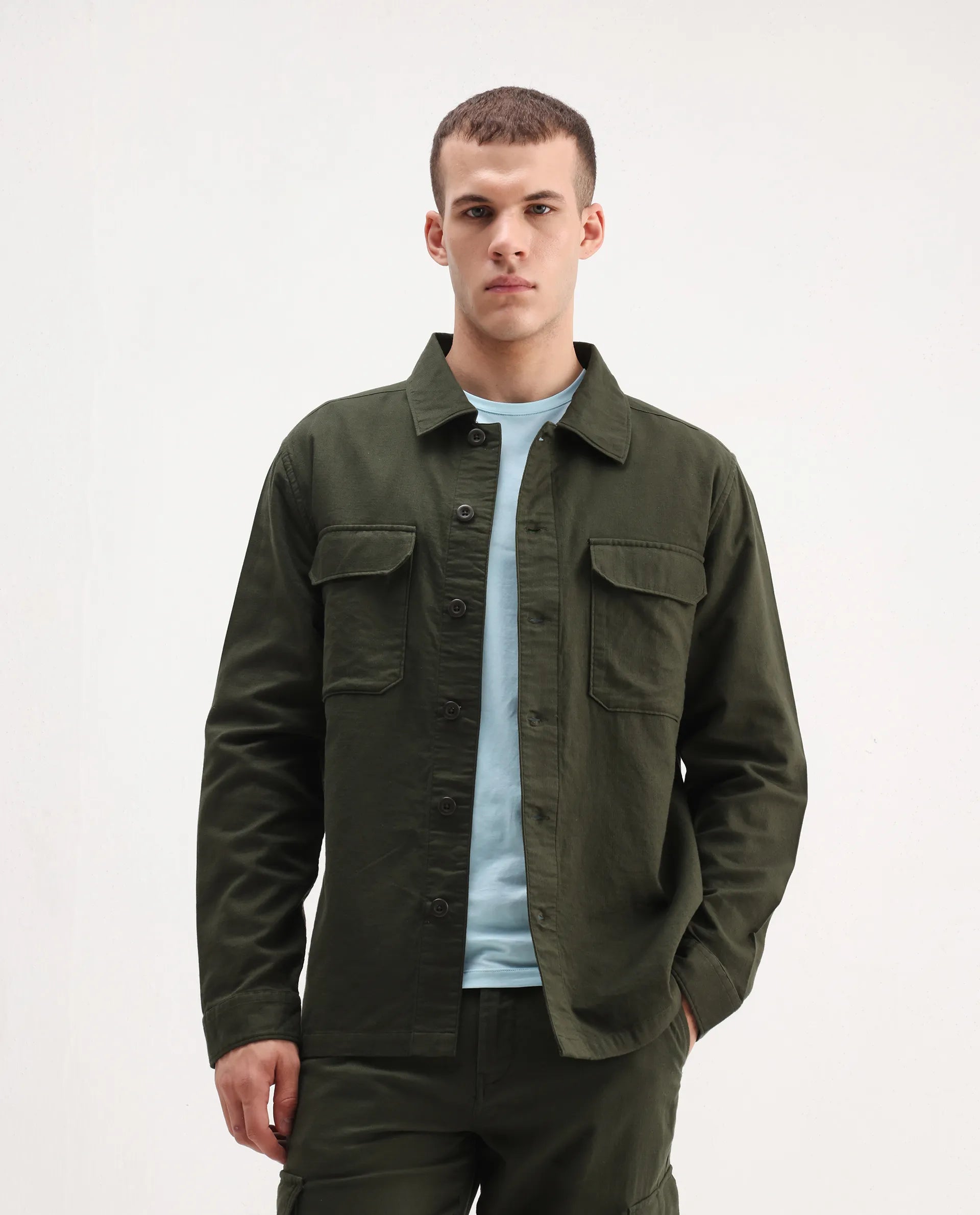 Rare Rabbit Men's Prest-26 Olive Cotton Plain Regular Fit Full Sleeve Collared Shaket