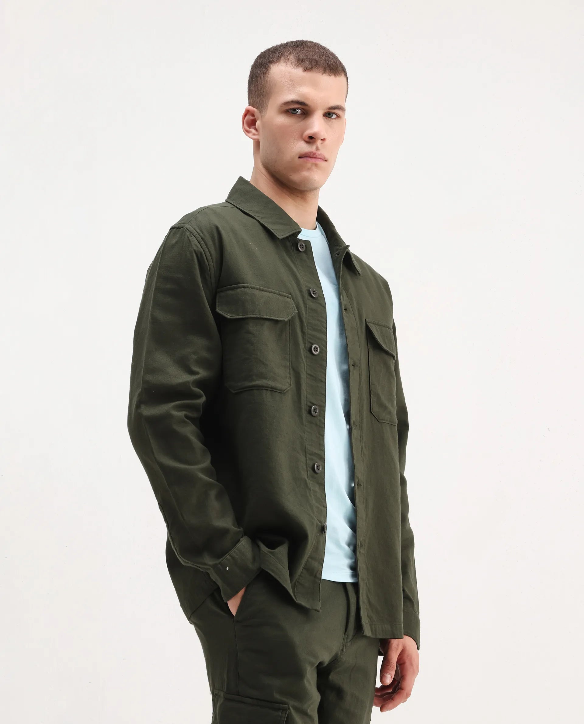 Rare Rabbit Men's Prest-26 Olive Cotton Plain Regular Fit Full Sleeve Collared Shaket