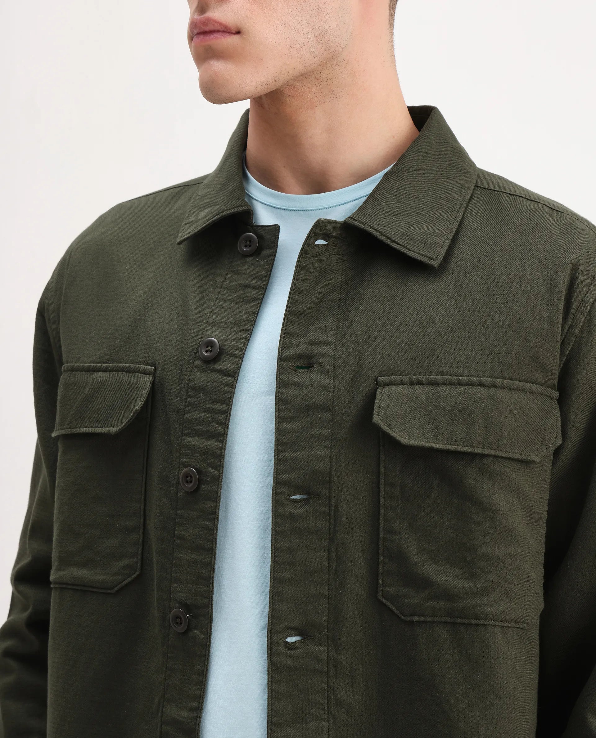 Rare Rabbit Men's Prest-26 Olive Cotton Plain Regular Fit Full Sleeve Collared Shaket