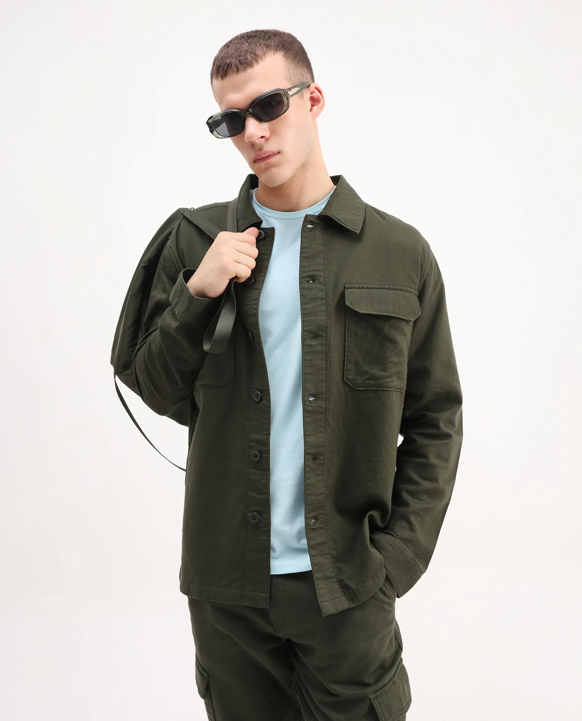 Rare Rabbit Men's Prest-26 Olive Cotton Plain Regular Fit Full Sleeve Collared Shaket