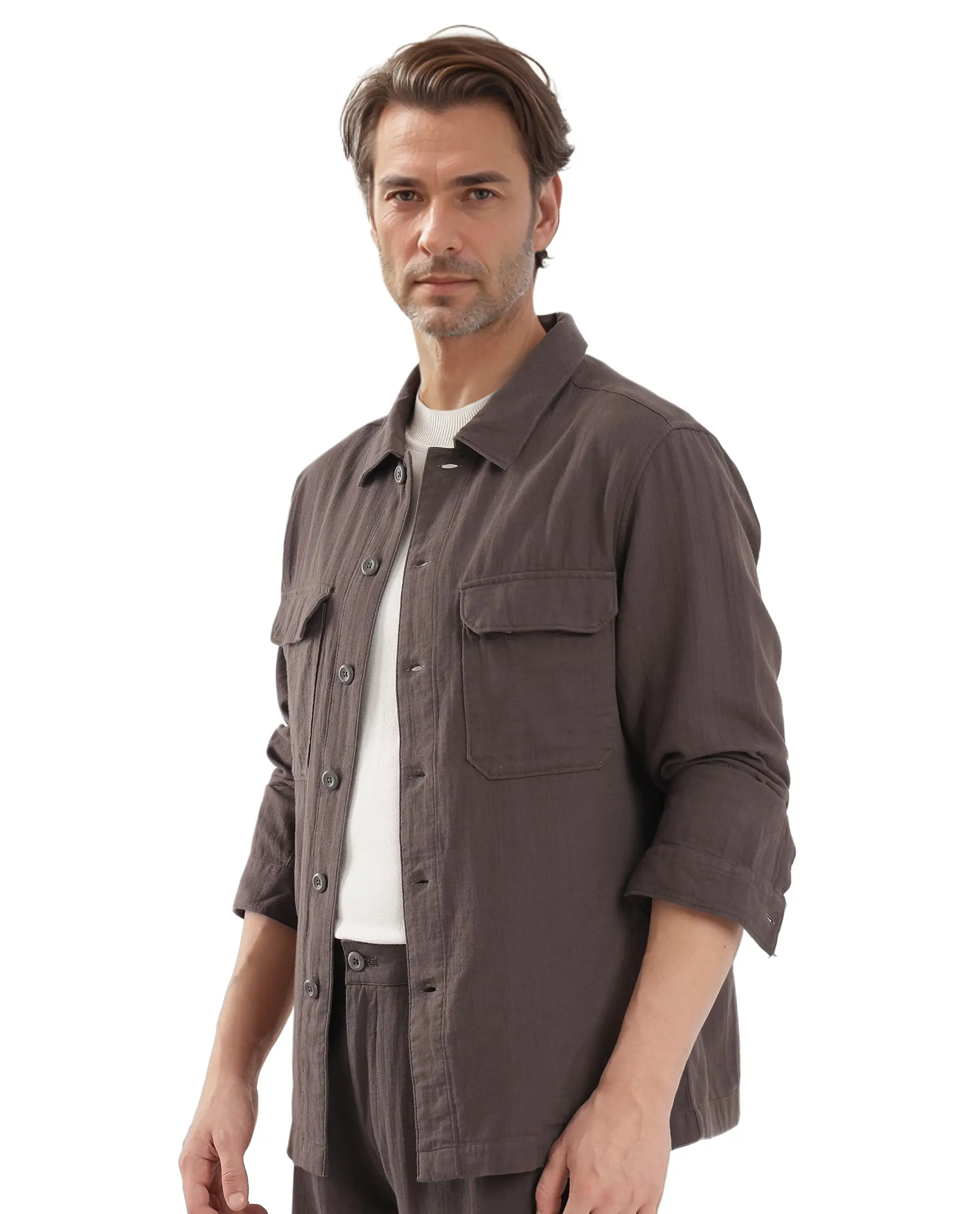 Rare Rabbit Men Prest Dusky Brown Knitted Jacquard Fabric Two Front Flap Pocket Full Sleeve Regular Fit Shirt