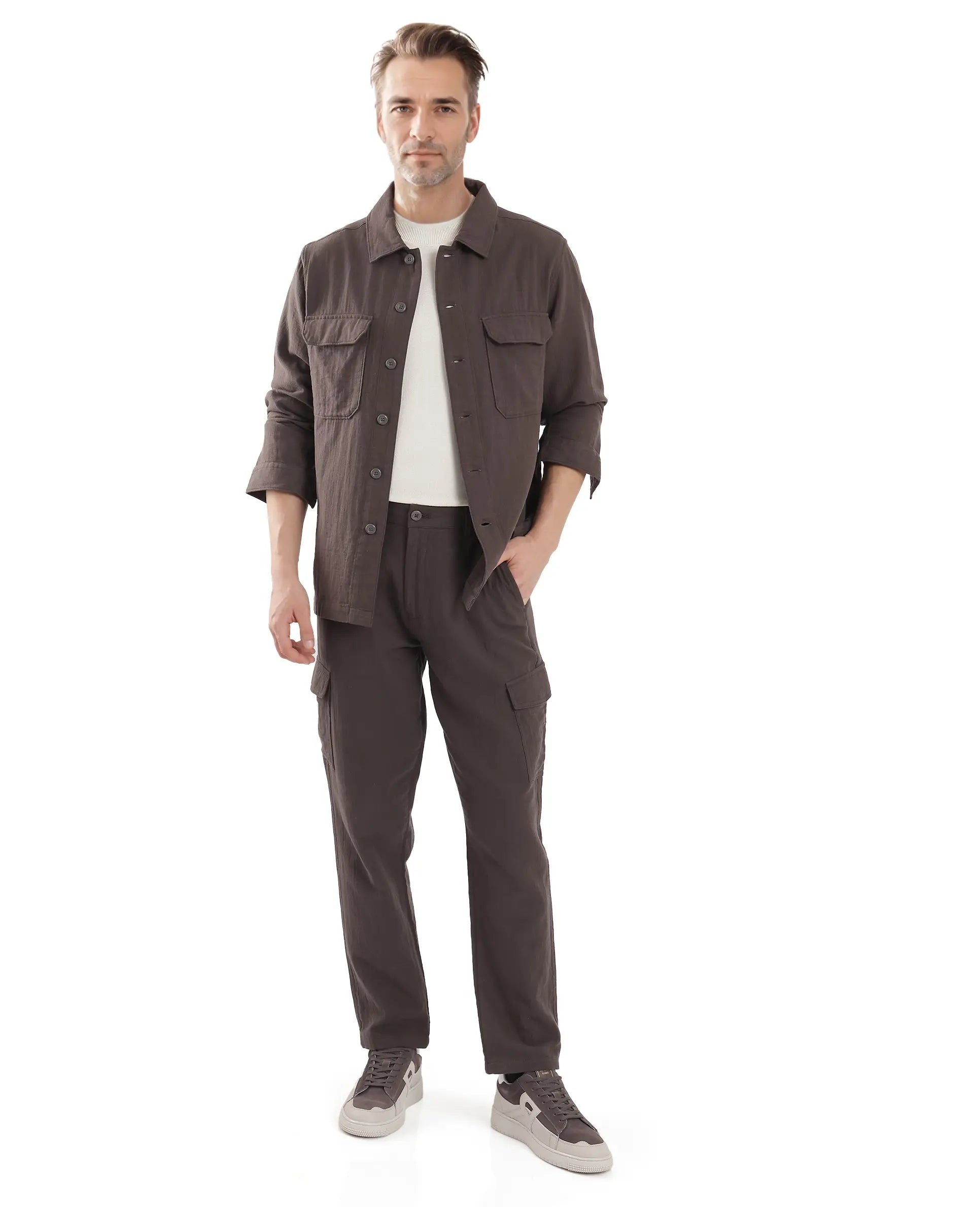 Rare Rabbit Men Prest Dusky Brown Knitted Jacquard Fabric Two Front Flap Pocket Full Sleeve Regular Fit Shirt