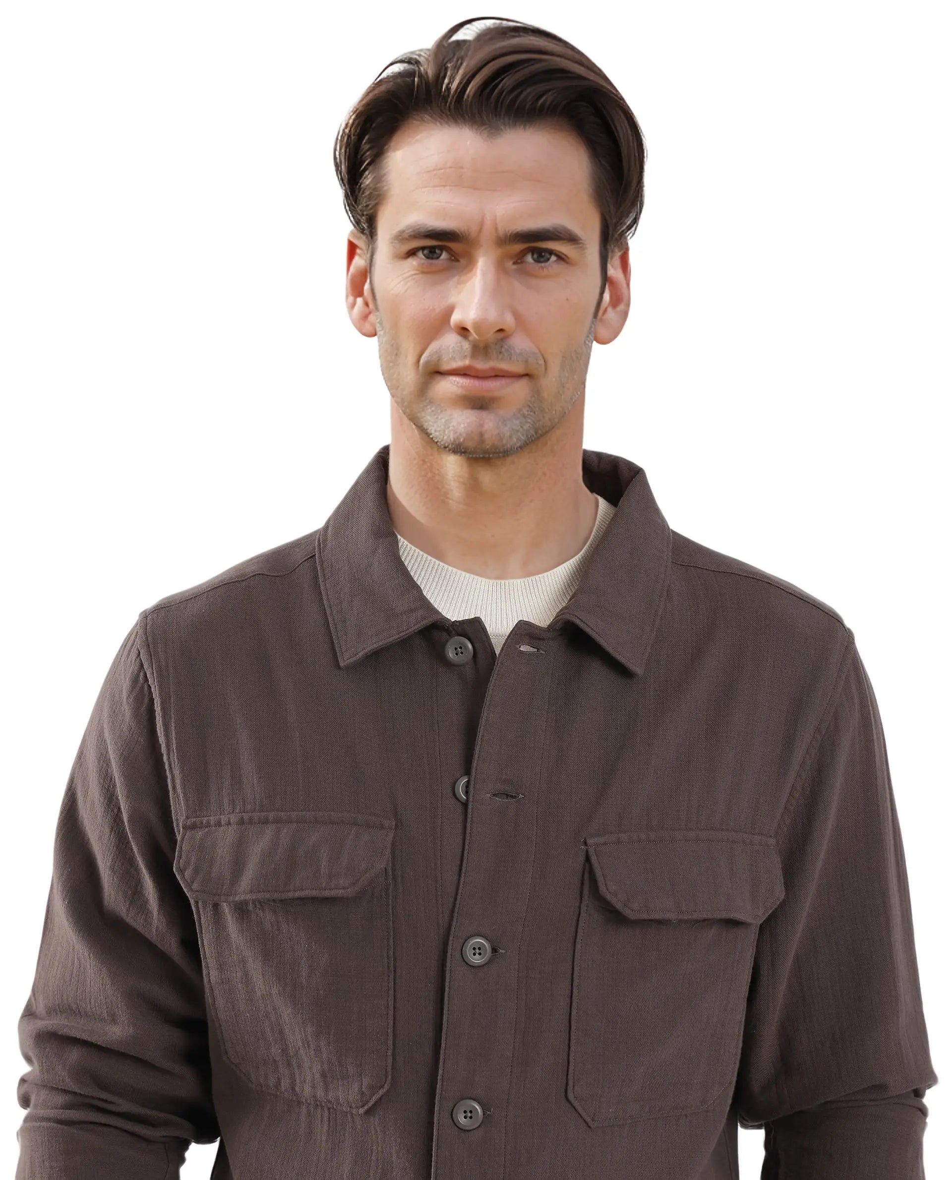 Rare Rabbit Men Prest Dusky Brown Knitted Jacquard Fabric Two Front Flap Pocket Full Sleeve Regular Fit Shirt