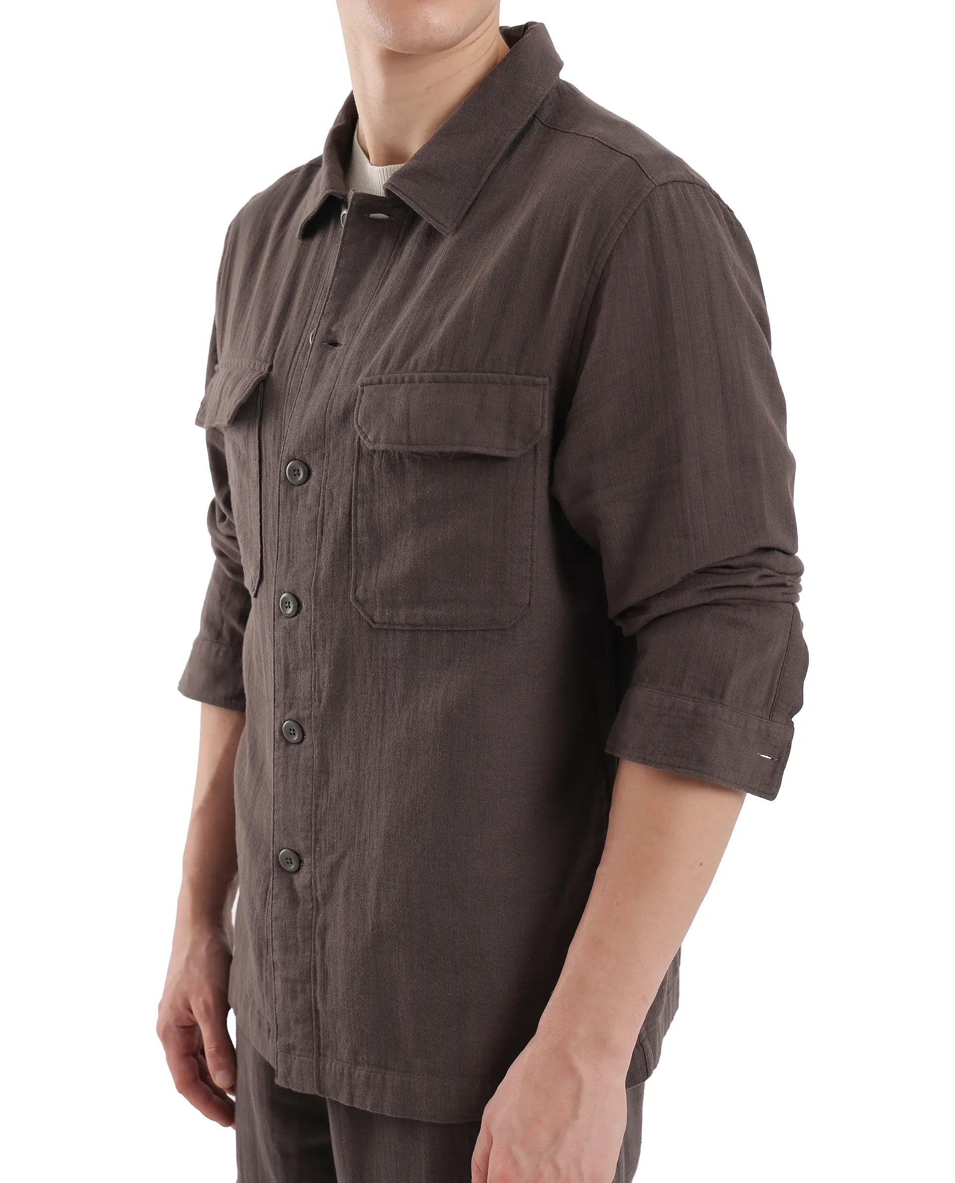 Rare Rabbit Men Prest Dusky Brown Knitted Jacquard Fabric Two Front Flap Pocket Full Sleeve Regular Fit Shirt