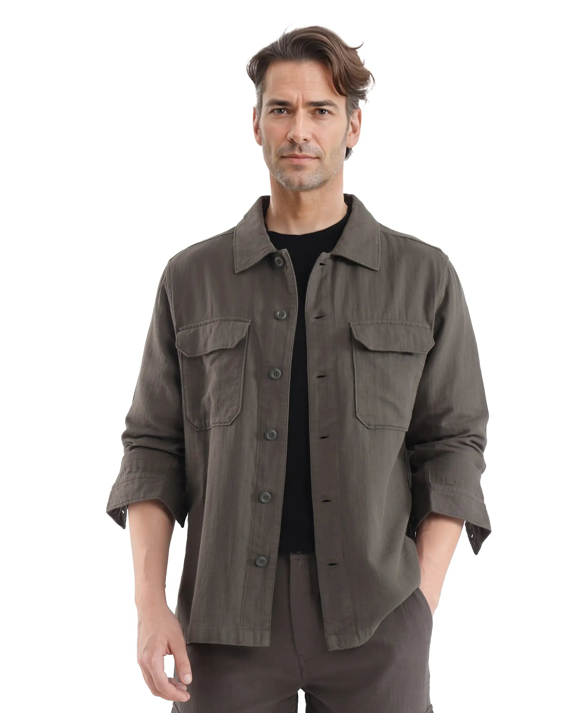 Rare Rabbit Men Prest Dusky Green Knitted Jacquard Fabric Two Front Flap Pocket Full Sleeve Regular Fit Shirt