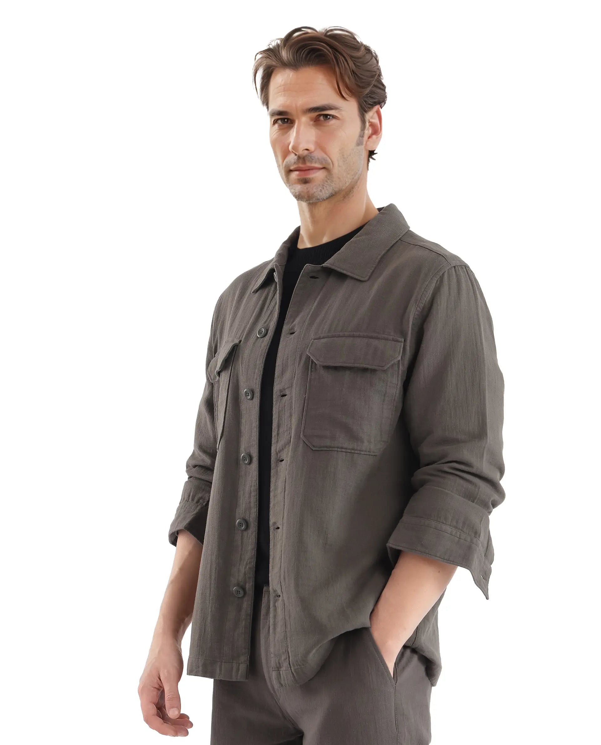 Rare Rabbit Men Prest Dusky Green Knitted Jacquard Fabric Two Front Flap Pocket Full Sleeve Regular Fit Shirt