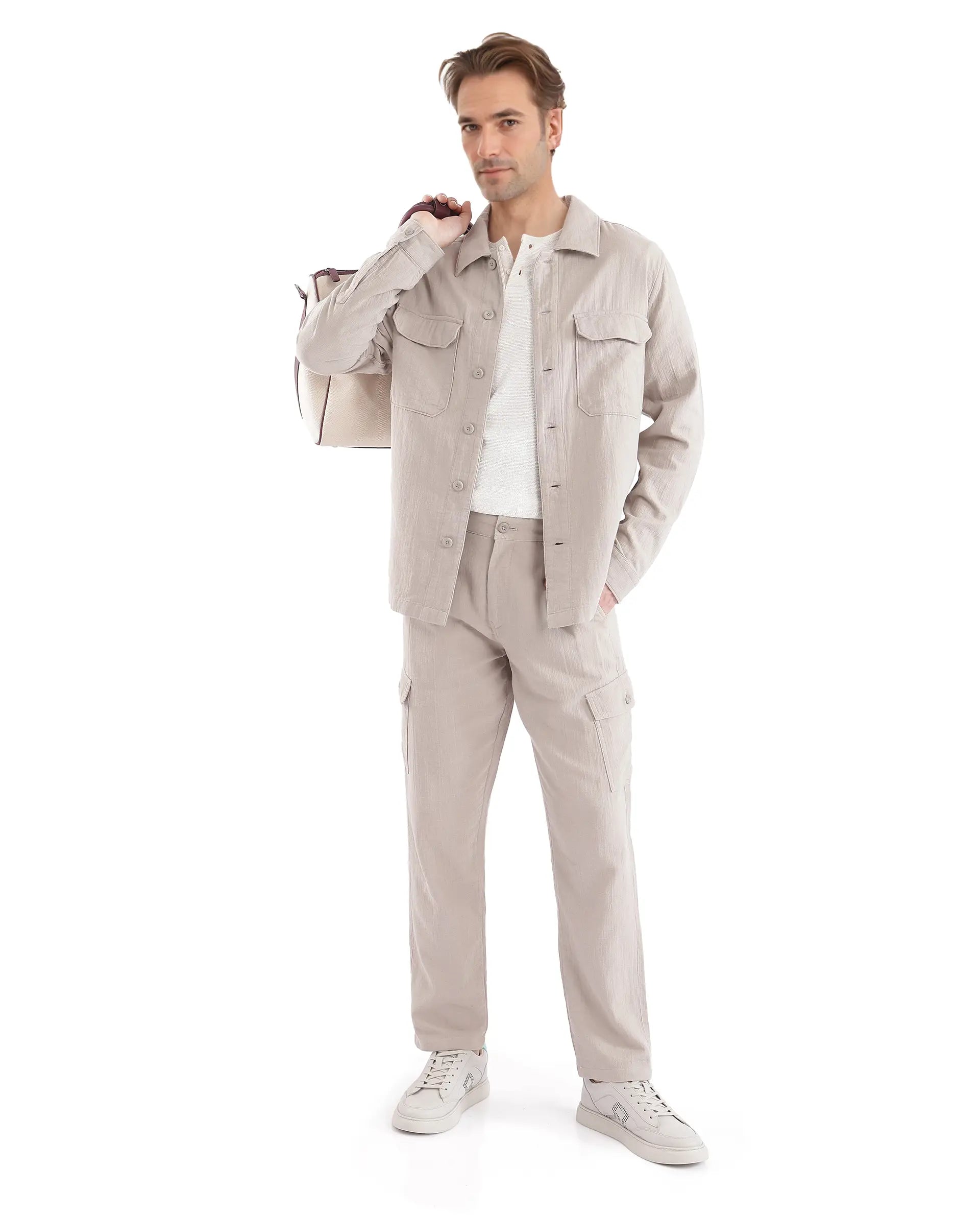 Rare Rabbit Men Prest Light Beige Knitted Jacquard Fabric Two Front Flap Pocket Full Sleeve Regular Fit Shirt