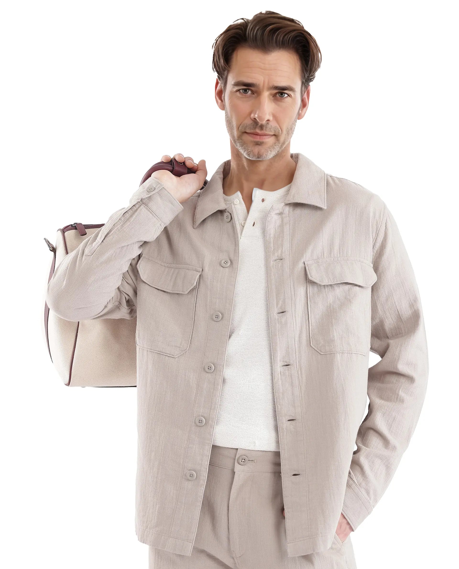 Rare Rabbit Men Prest Light Beige Knitted Jacquard Fabric Two Front Flap Pocket Full Sleeve Regular Fit Shirt