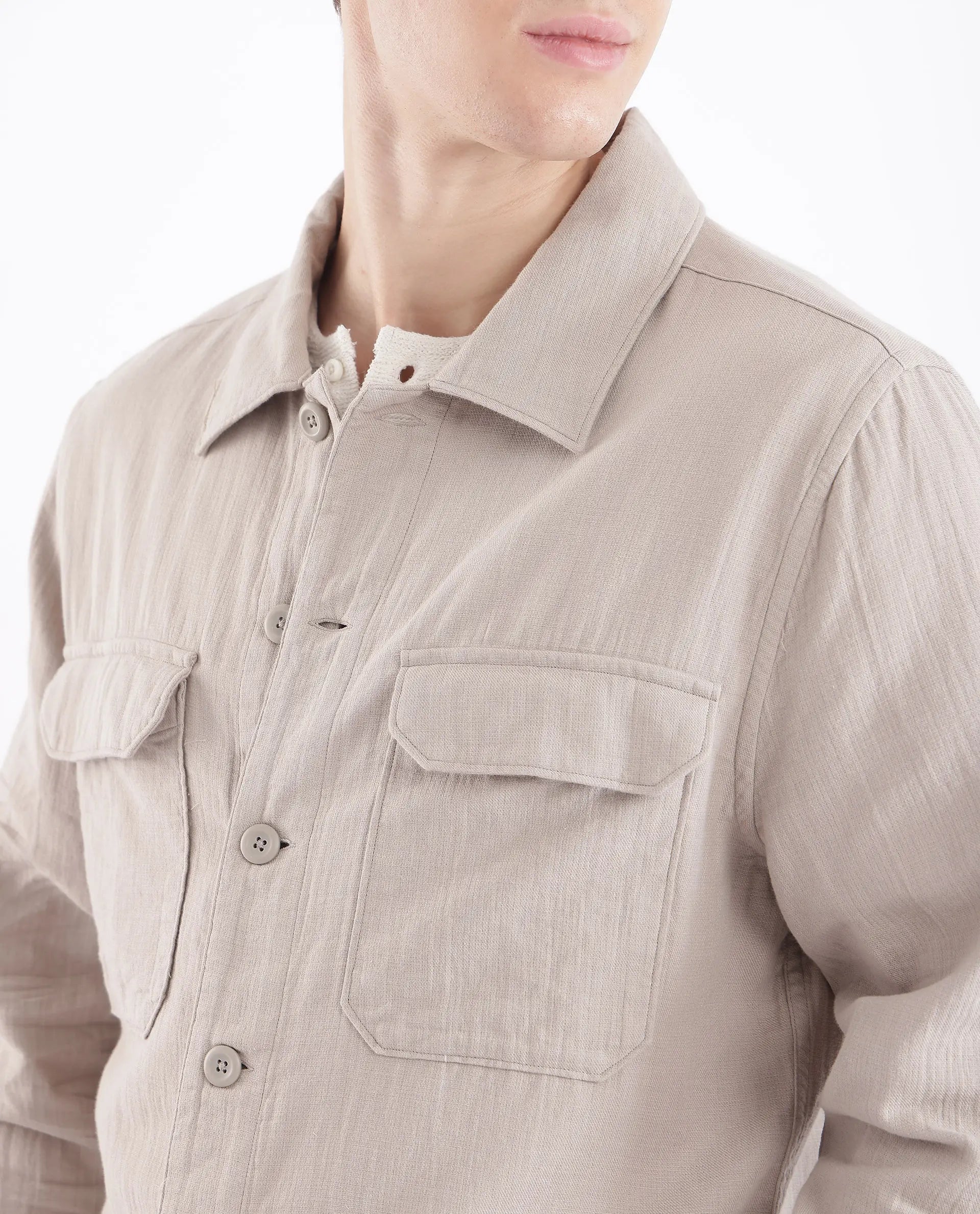 Rare Rabbit Men Prest Light Beige Knitted Jacquard Fabric Two Front Flap Pocket Full Sleeve Regular Fit Shirt