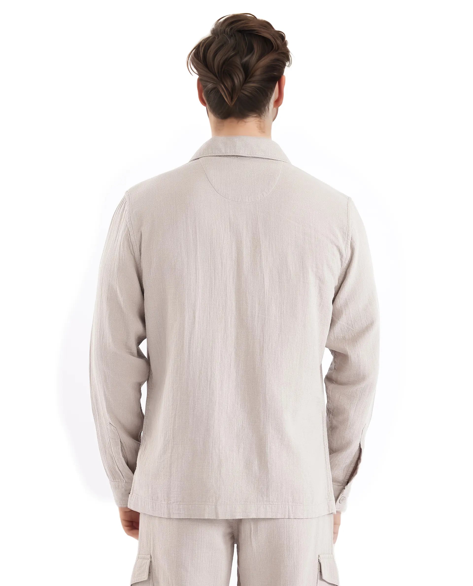 Rare Rabbit Men Prest Light Beige Knitted Jacquard Fabric Two Front Flap Pocket Full Sleeve Regular Fit Shirt