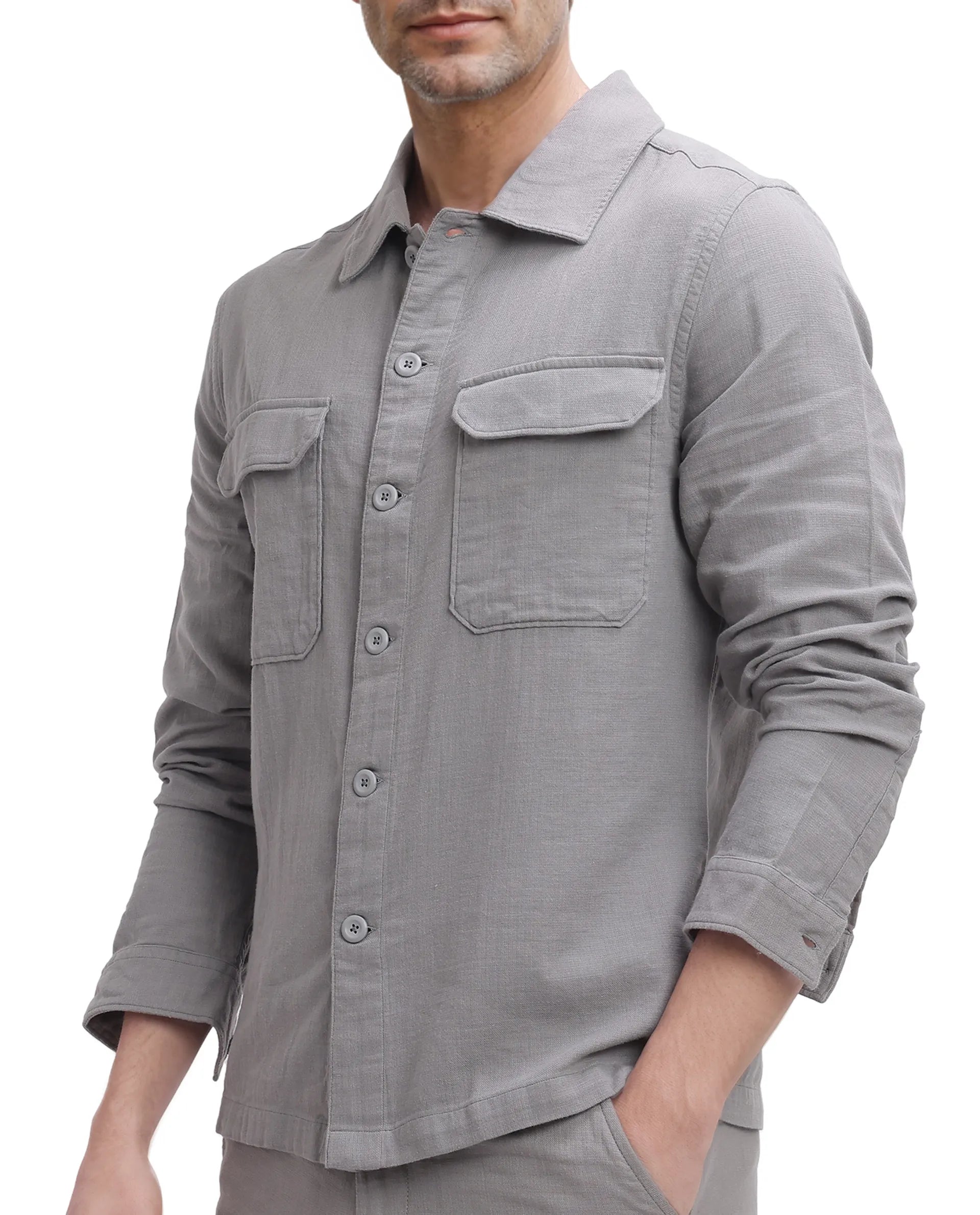 Rare Rabbit Men Prest Light Grey Knitted Jacquard Fabric Two Front Flap Pocket Full Sleeve Regular Fit Shirt