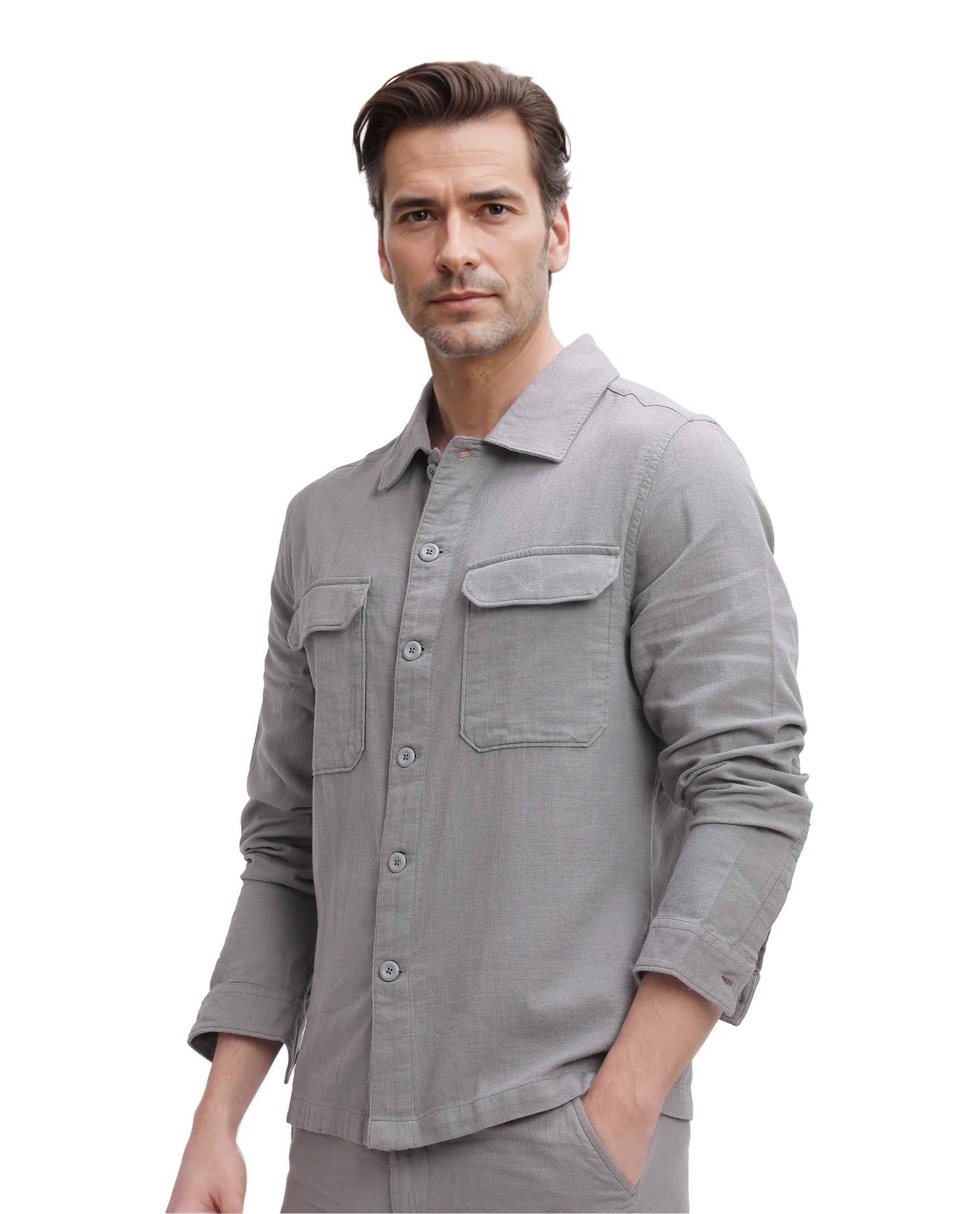 Rare Rabbit Men Prest Light Grey Knitted Jacquard Fabric Two Front Flap Pocket Full Sleeve Regular Fit Shirt