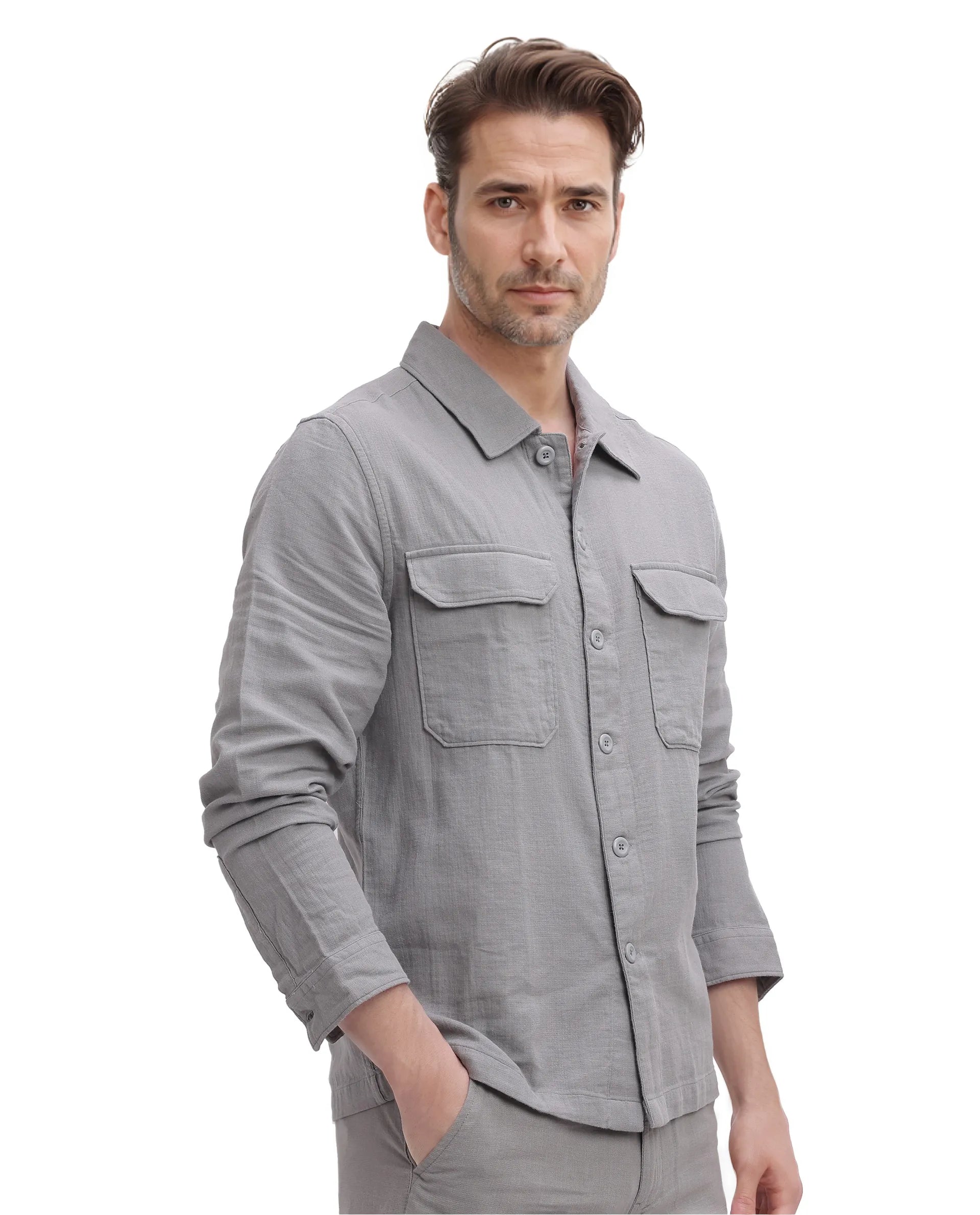 Rare Rabbit Men Prest Light Grey Knitted Jacquard Fabric Two Front Flap Pocket Full Sleeve Regular Fit Shirt