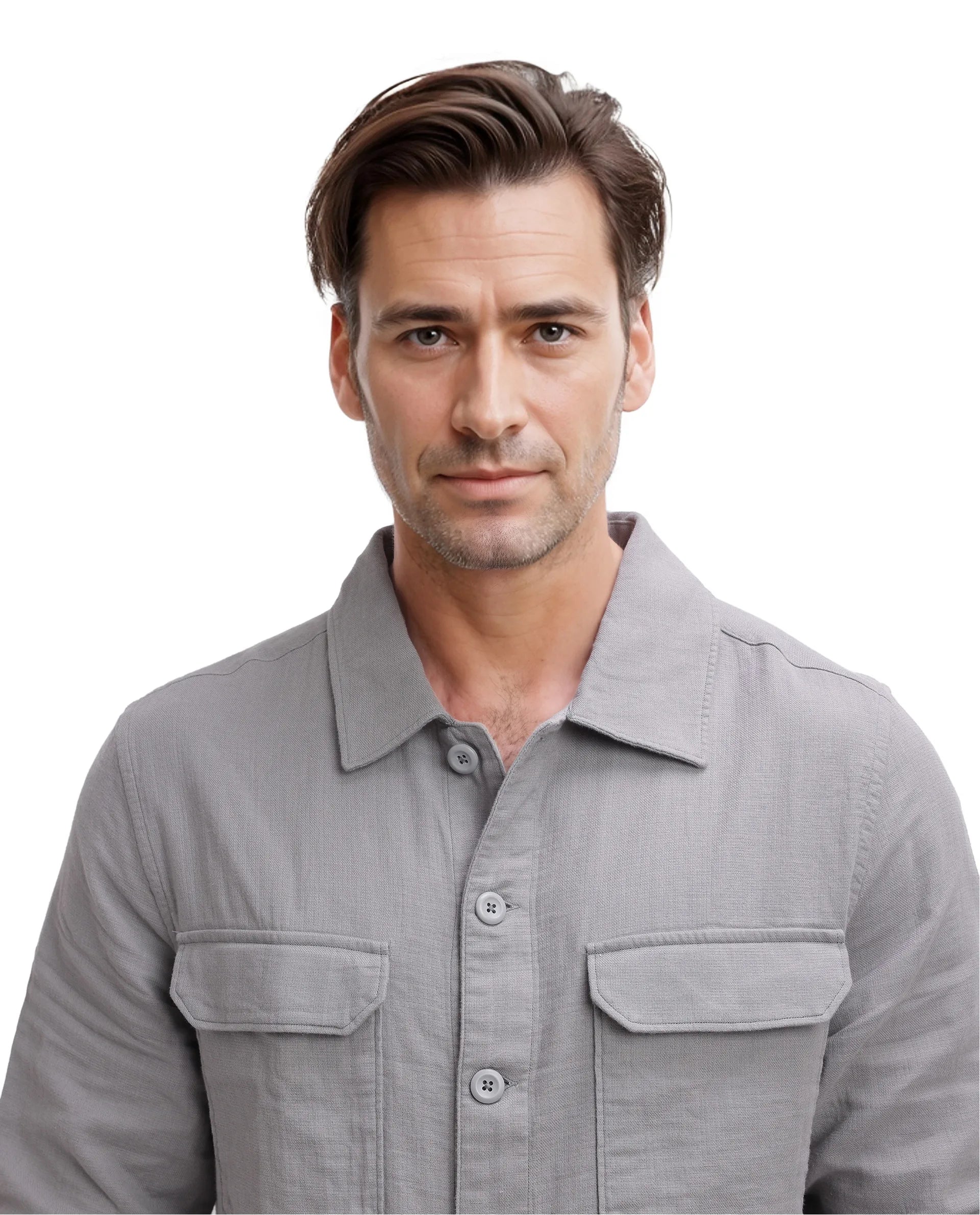 Rare Rabbit Men Prest Light Grey Knitted Jacquard Fabric Two Front Flap Pocket Full Sleeve Regular Fit Shirt