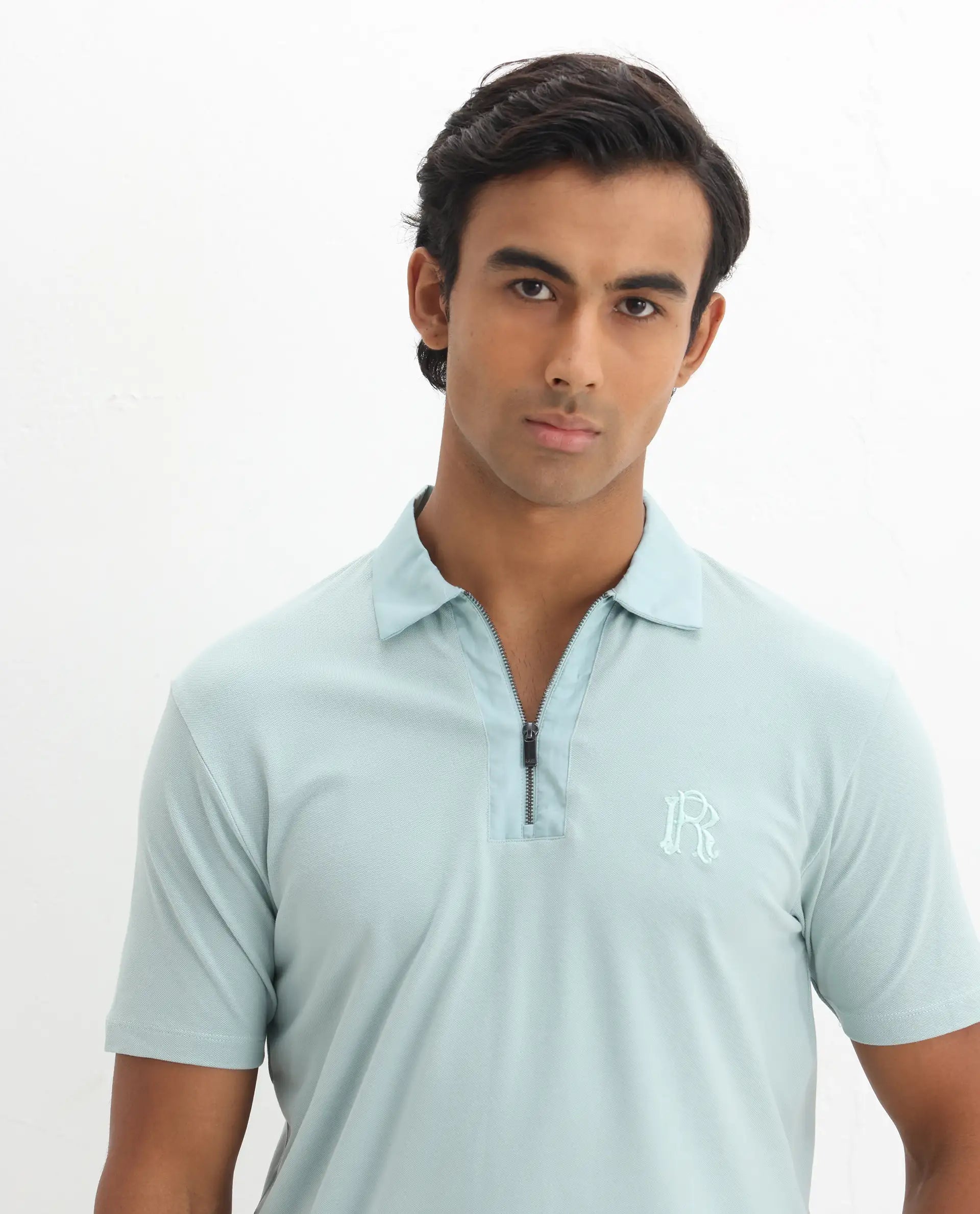 Rare Rabbit Men's Presto Light Blue Cotton Embroidered Regular Fit Half Sleeve Polo