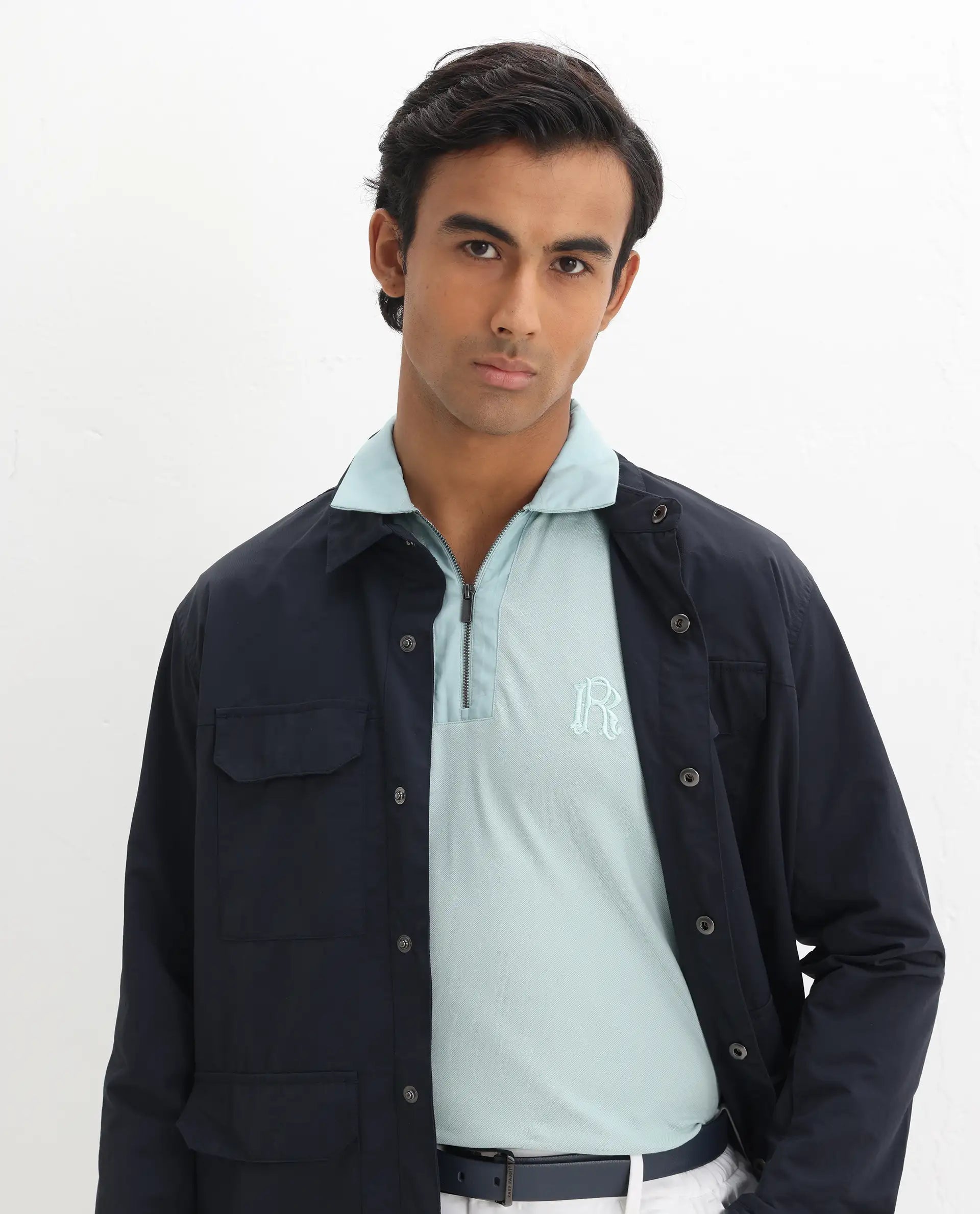 Rare Rabbit Men's Presto Light Blue Cotton Embroidered Regular Fit Half Sleeve Polo