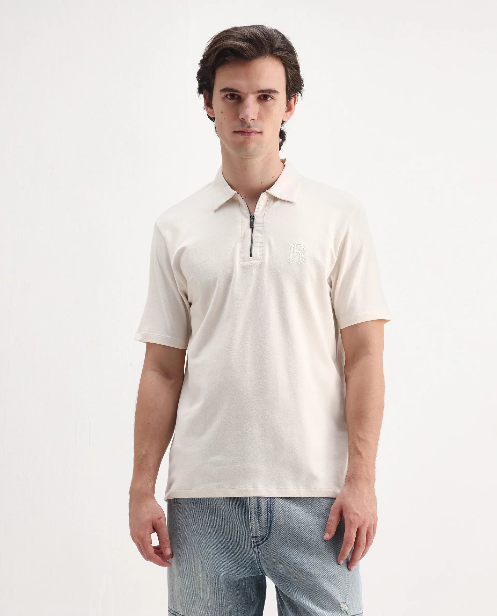 Rare Rabbit Men's Presto Off White Cotton Plain Regular Fit Half Sleeve Polo