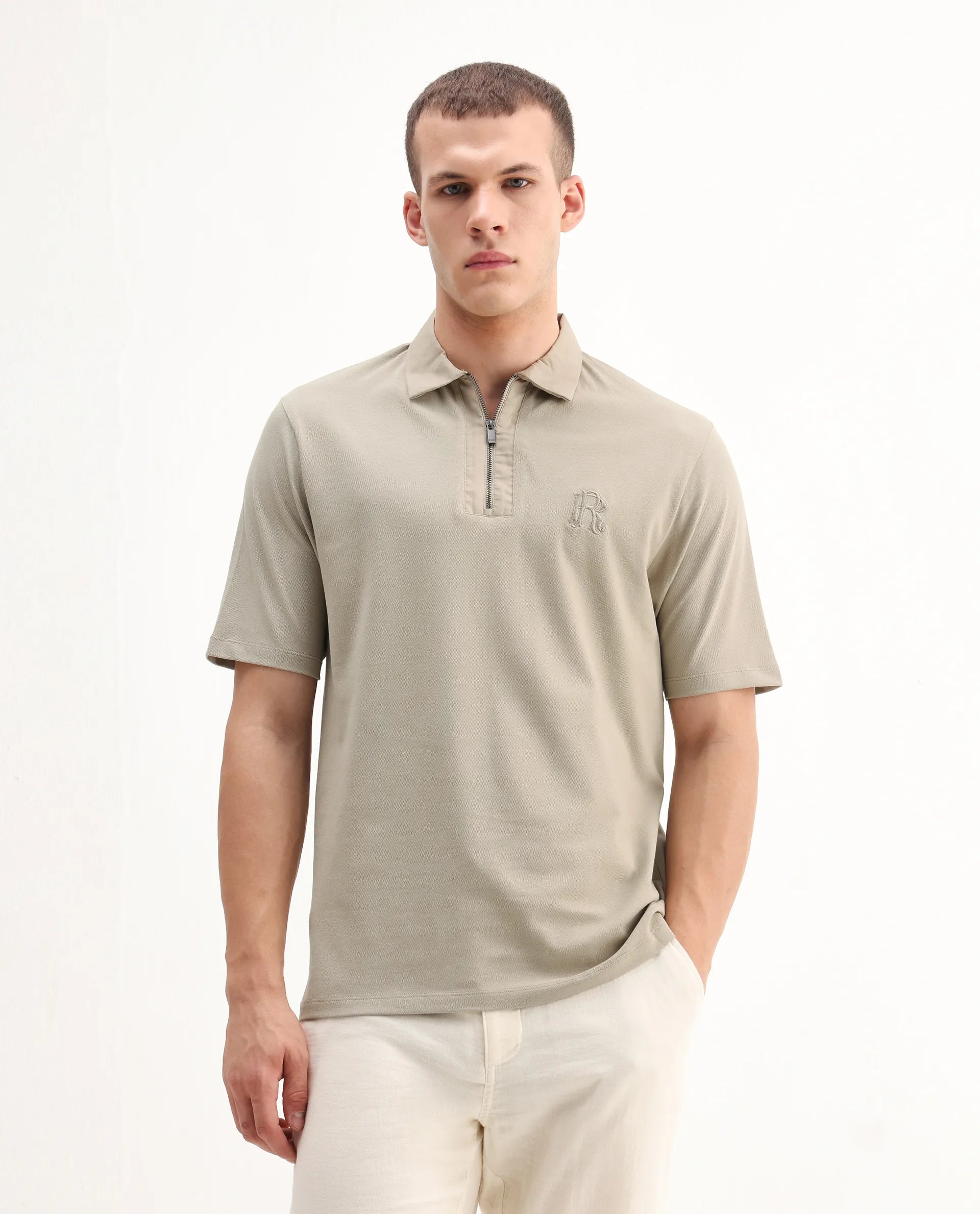 Rare Rabbit Men's Presto Pastel Green Cotton Embroidered Regular Fit Half Sleeve Polo