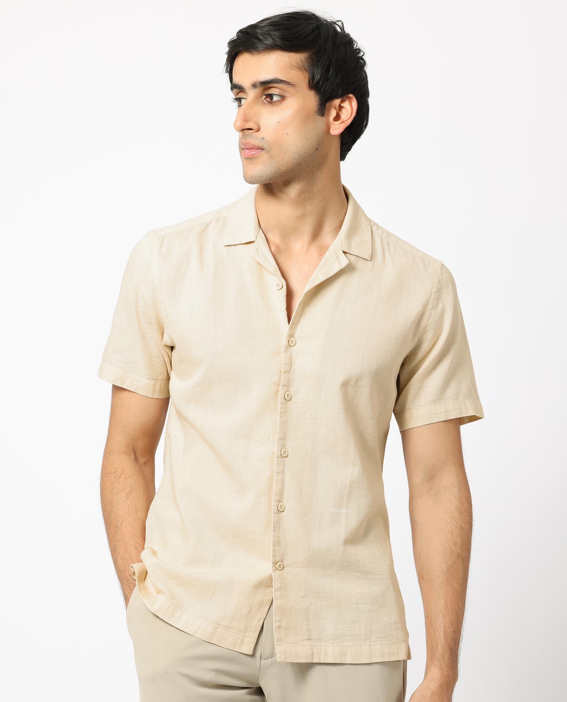 Rare Rabbit Men's Prestos Beige Structured Dobby Cotton Fabric Cuban Collar Half Sleeves Shirt