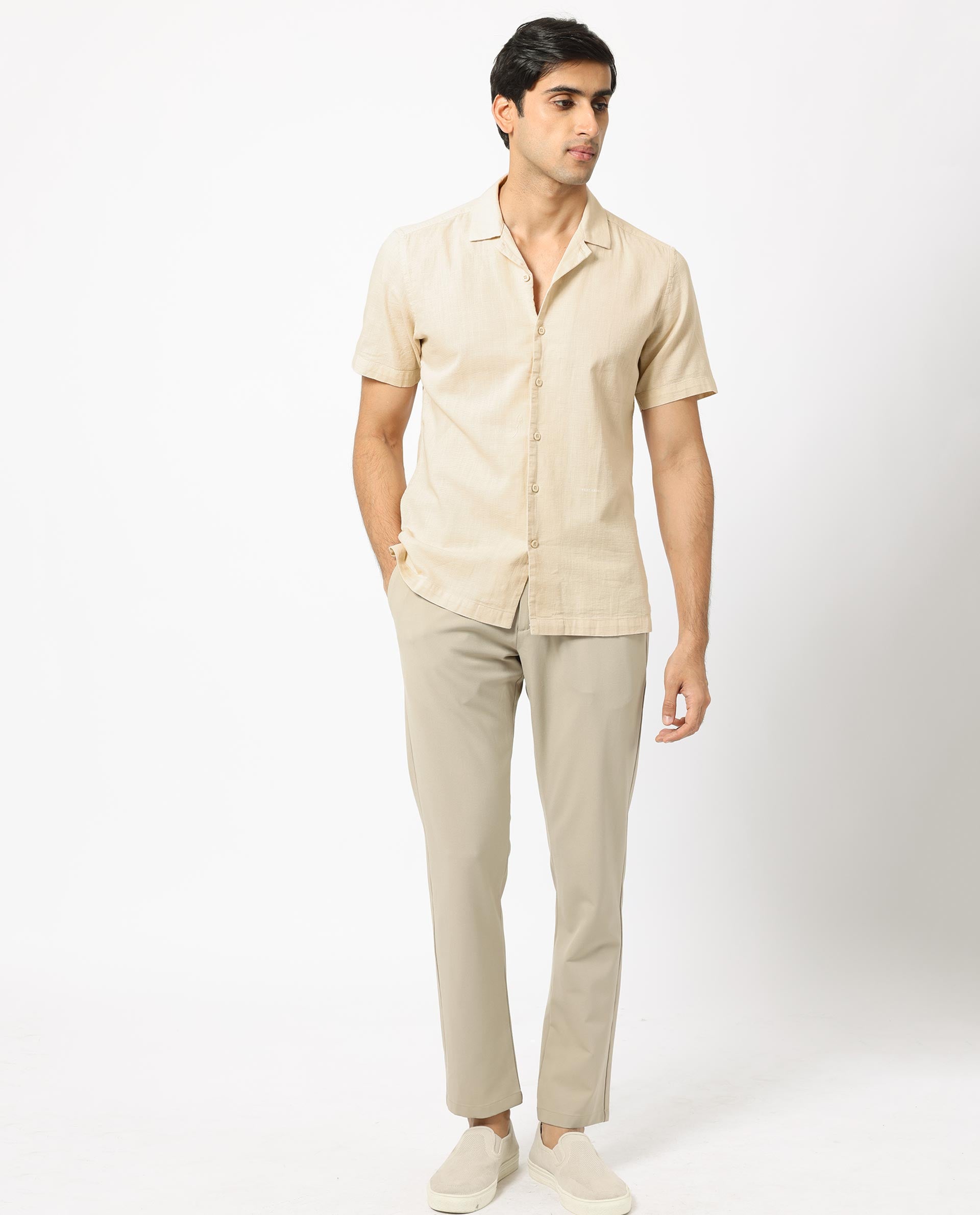 Rare Rabbit Men's Prestos Beige Structured Dobby Cotton Fabric Cuban Collar Half Sleeves Shirt