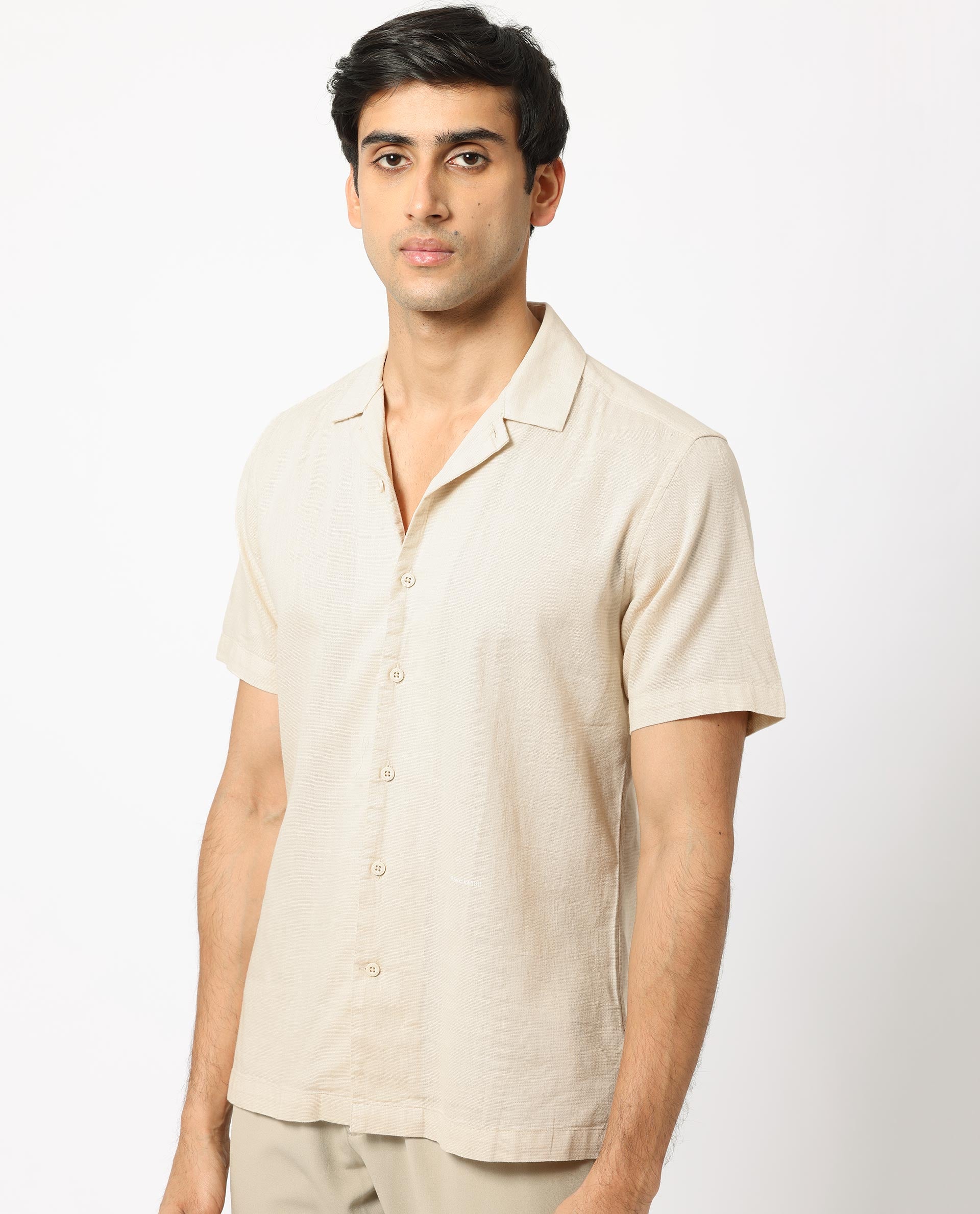 Rare Rabbit Men's Prestos Beige Structured Dobby Cotton Fabric Cuban Collar Half Sleeves Shirt
