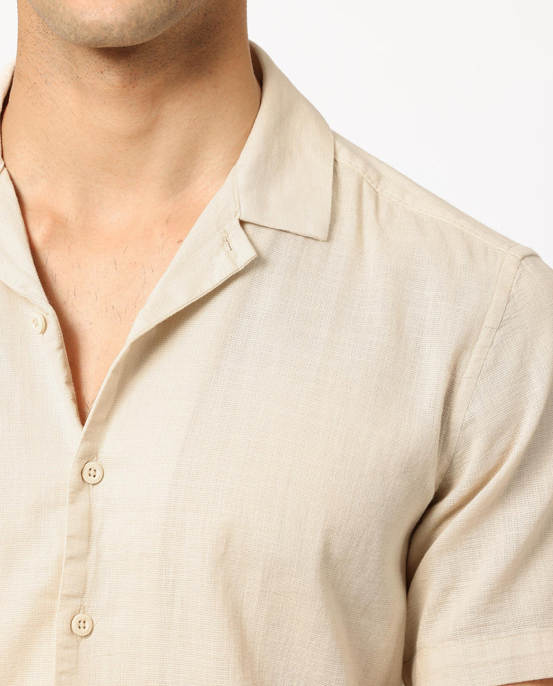 Rare Rabbit Men's Prestos Beige Structured Dobby Cotton Fabric Cuban Collar Half Sleeves Shirt