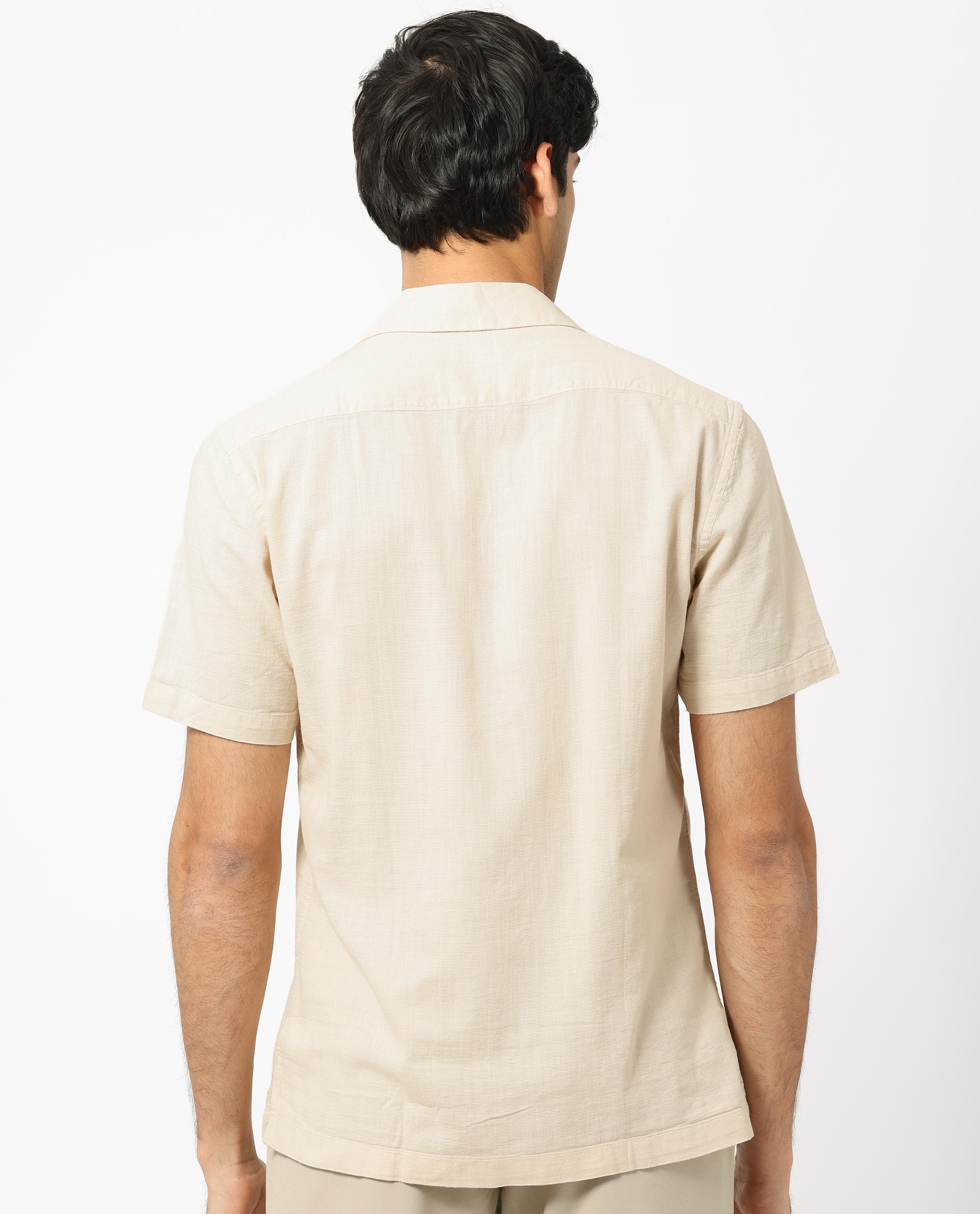 Rare Rabbit Men's Prestos Beige Structured Dobby Cotton Fabric Cuban Collar Half Sleeves Shirt