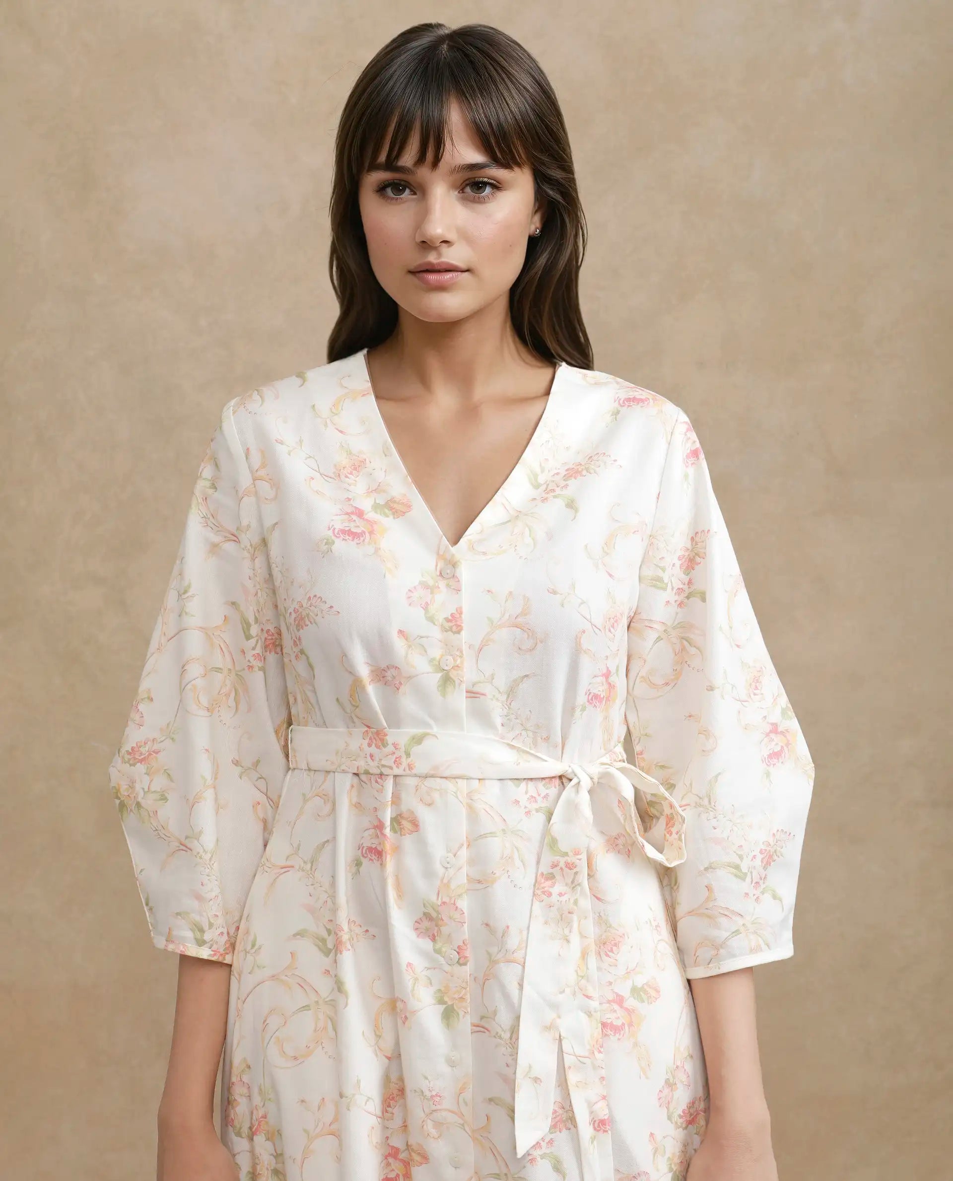 Rareism Women's Preu White Cotton V-Neck Floral Print Balloon Sleeve Midi Straight Fit Dress