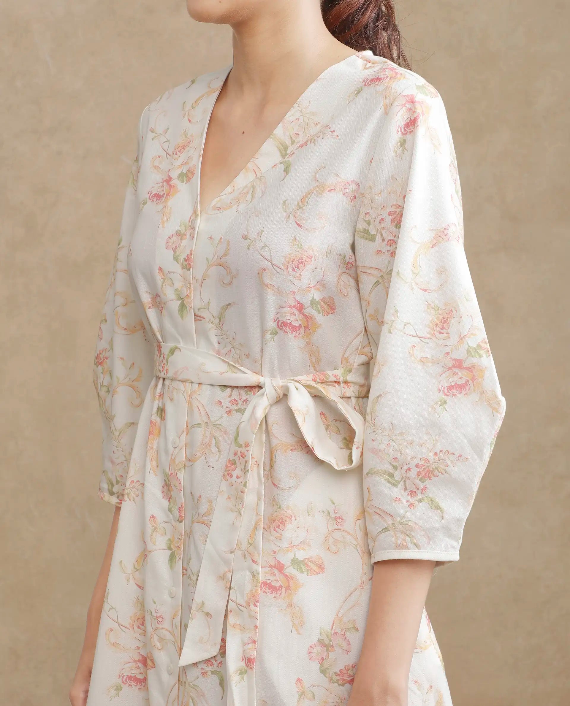 Rareism Women's Preu White Cotton V-Neck Floral Print Balloon Sleeve Midi Straight Fit Dress