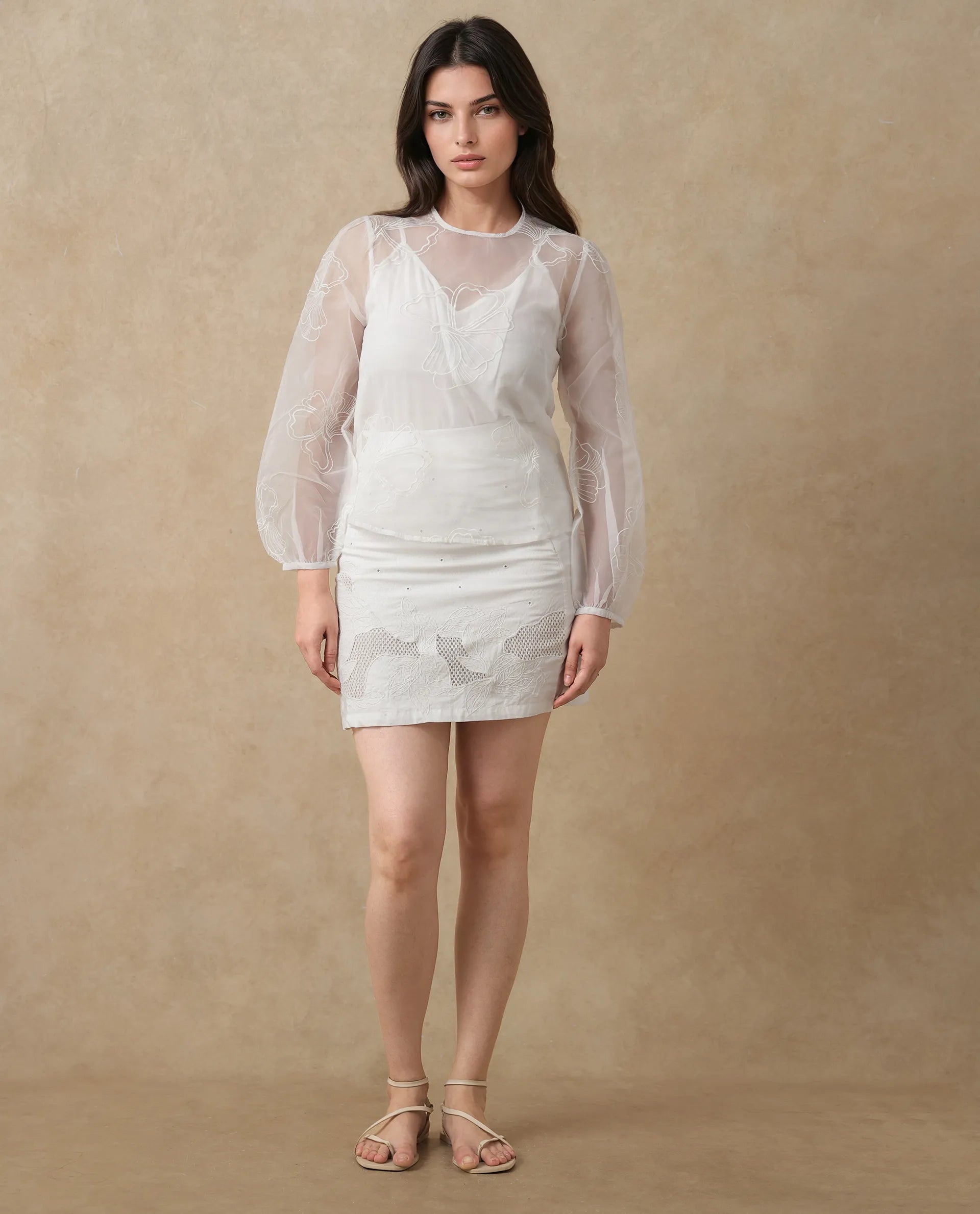 Rareism Women's Prevan White Polyester Round Neck Plain Bishop Sleeve Regular Fit Top