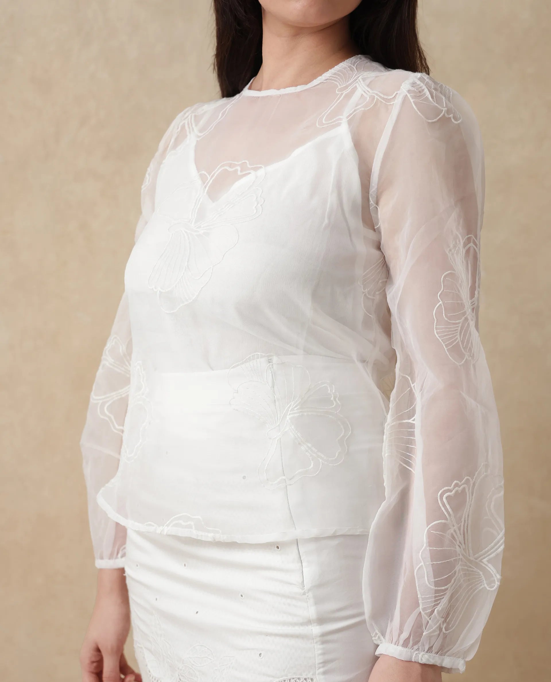 Rareism Women's Prevan White Polyester Round Neck Plain Bishop Sleeve Regular Fit Top