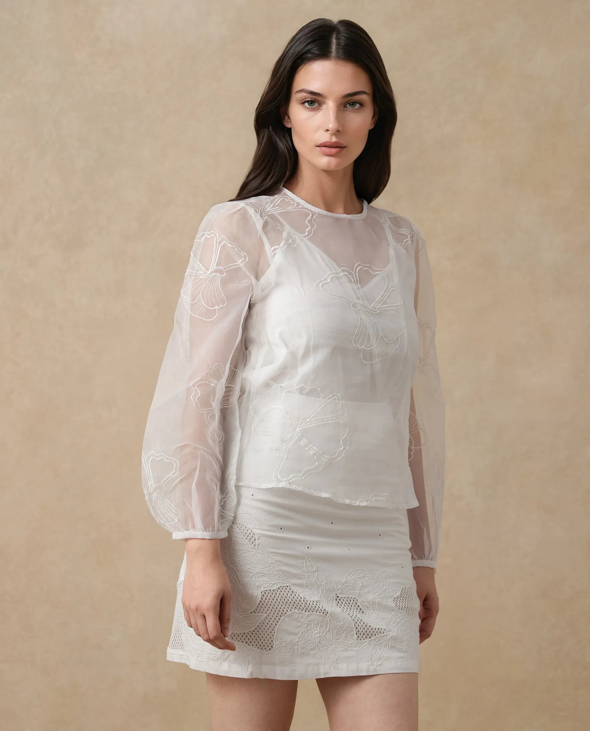 Rareism Women's Prevan White Polyester Round Neck Plain Bishop Sleeve Regular Fit Top