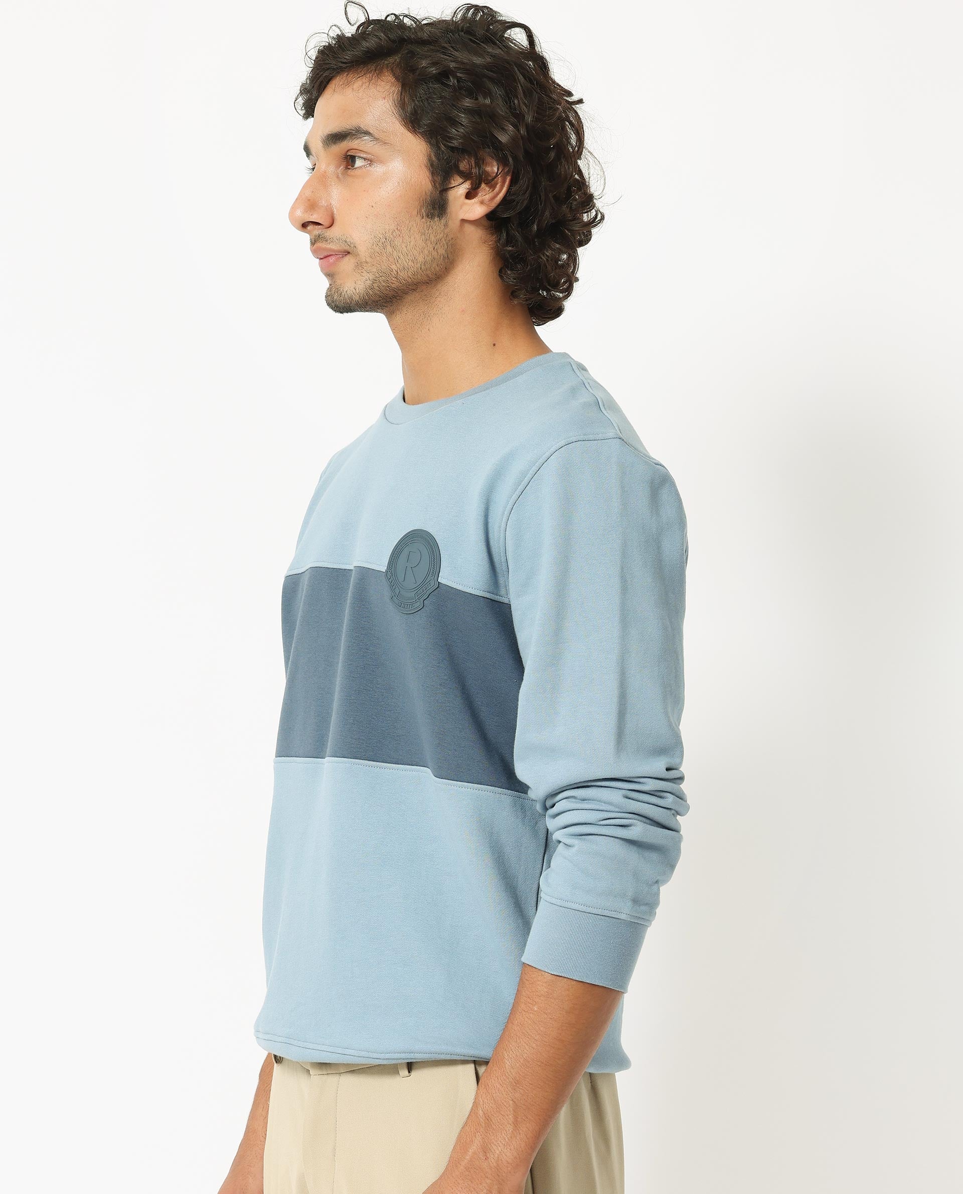 Rare Rabbit Men's Privett Blue Cotton Polyester Fabric Full Sleeves Cut And Sew Colorblocked Sweatshirt