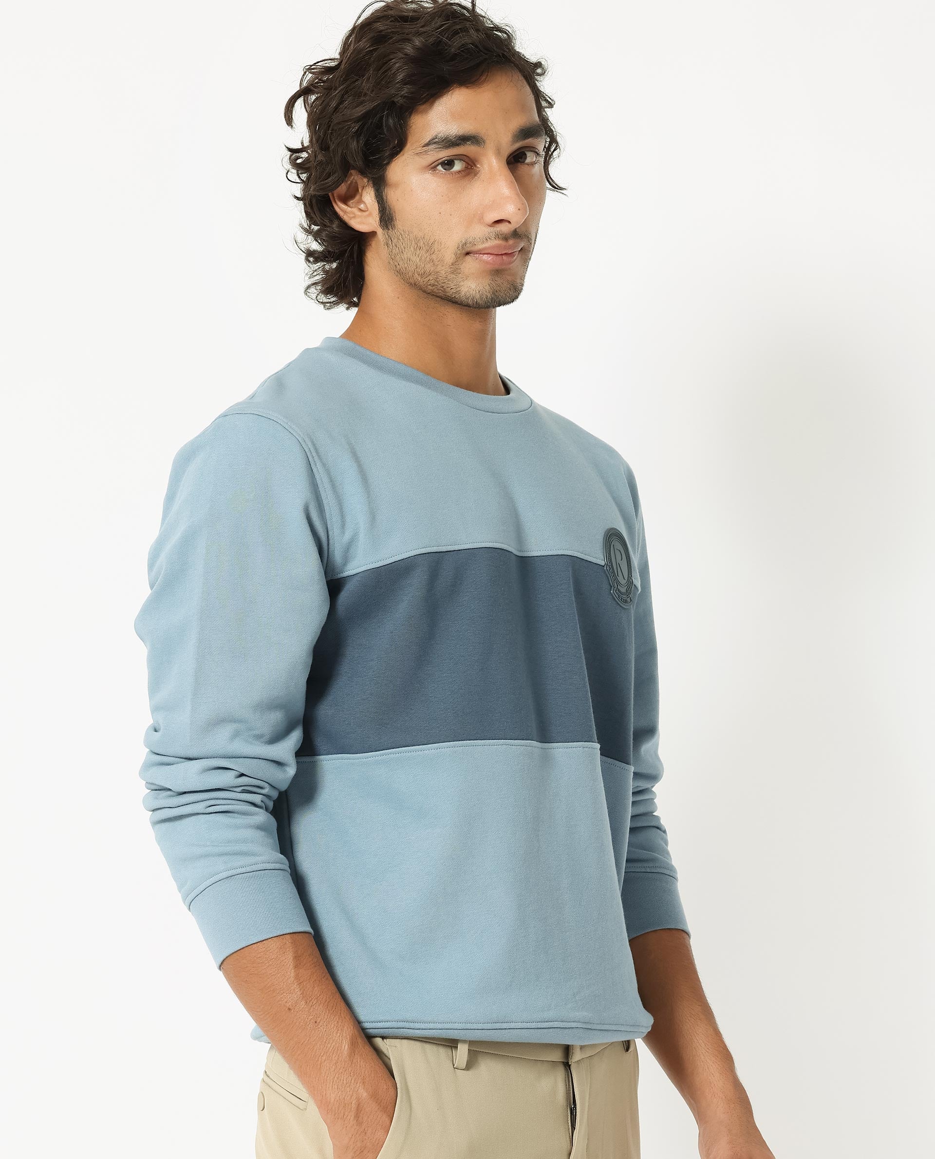 Rare Rabbit Men's Privett Blue Cotton Polyester Fabric Full Sleeves Cut And Sew Colorblocked Sweatshirt