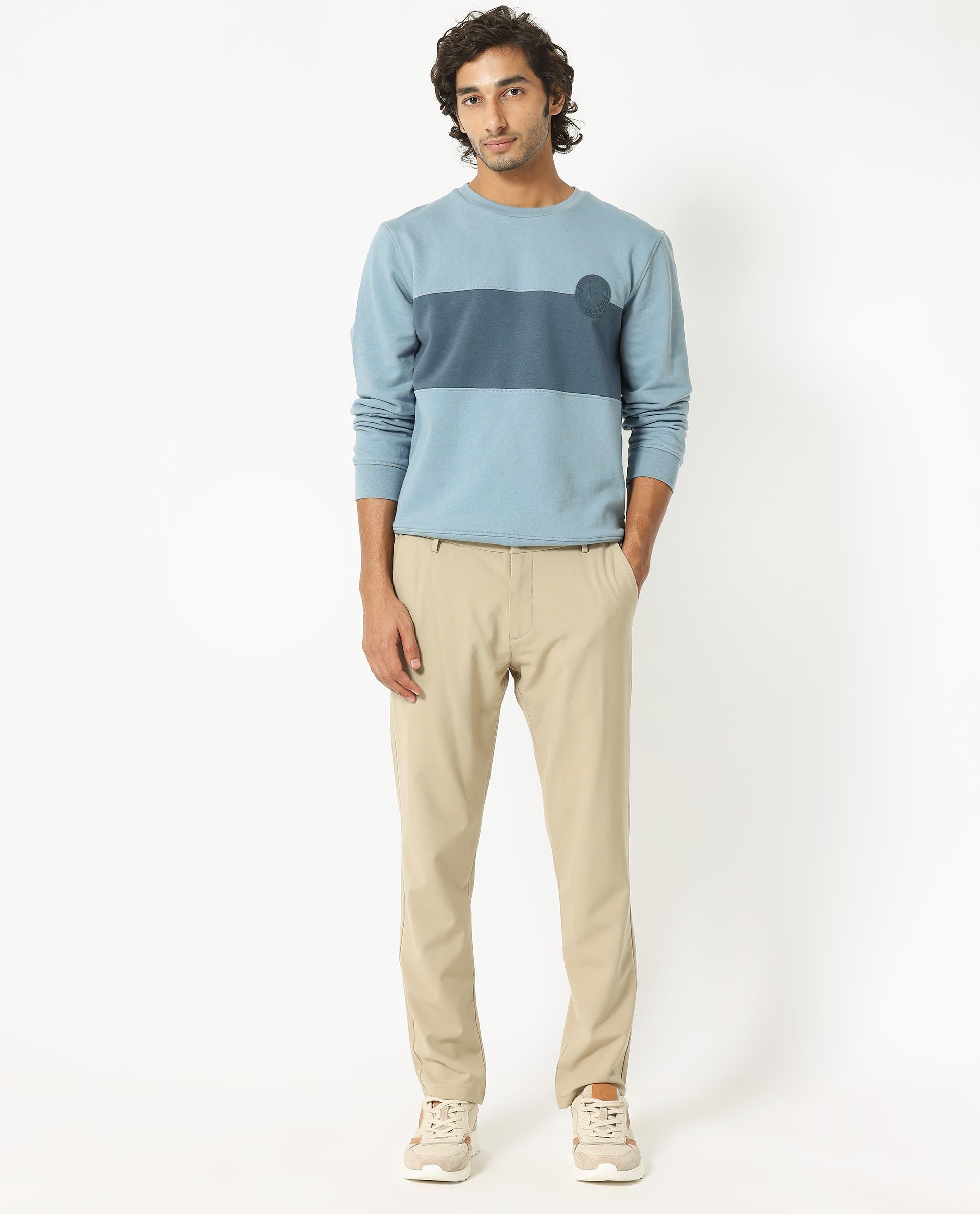 Rare Rabbit Men's Privett Blue Cotton Polyester Fabric Full Sleeves Cut And Sew Colorblocked Sweatshirt